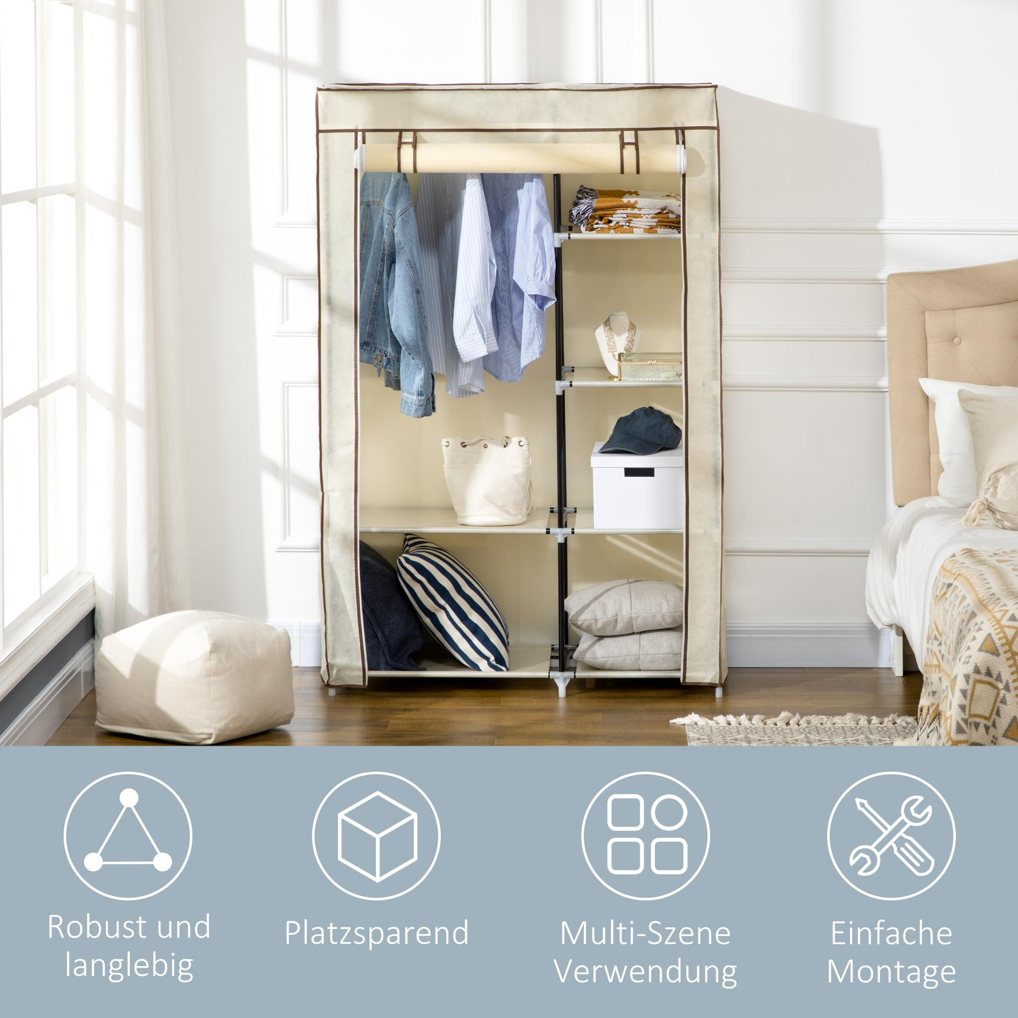 Ein beiger tragbarer Kleiderschrank mit Kleidung, Kissen und einer Mütze steht in einem Raum neben einem Bett und einem Fenster.