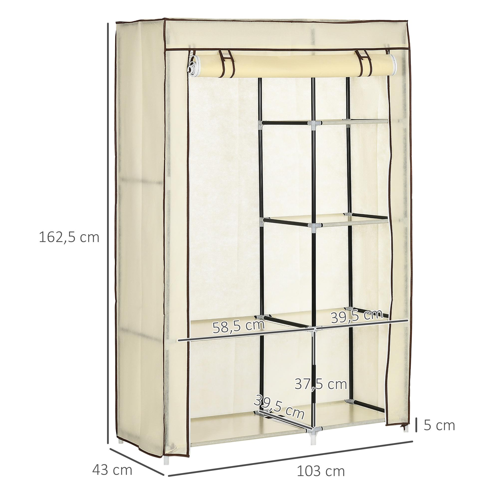 Beigefarbener Stoffschrank mit schwarzem Rahmen und Regalen. Abmessungen: 162,5 cm hoch, 103 cm breit, 43 cm tief.