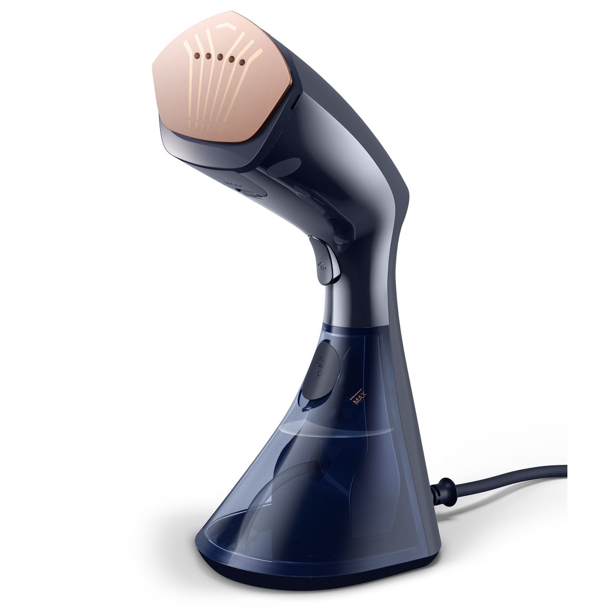 Un vaporizzatore per indumenti portatile, blu scuro e color rame. Ha un serbatoio dell'acqua, un ugello con fori e un cavo di alimentazione.