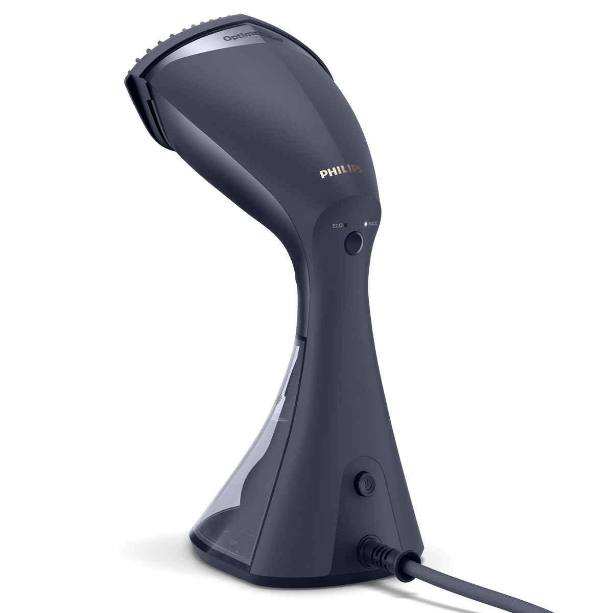 Un vaporizzatore per indumenti Philips blu scuro. Ha un serbatoio dell'acqua, un pulsante di accensione e impostazioni del vapore. Un cavo di alimentazione esce.