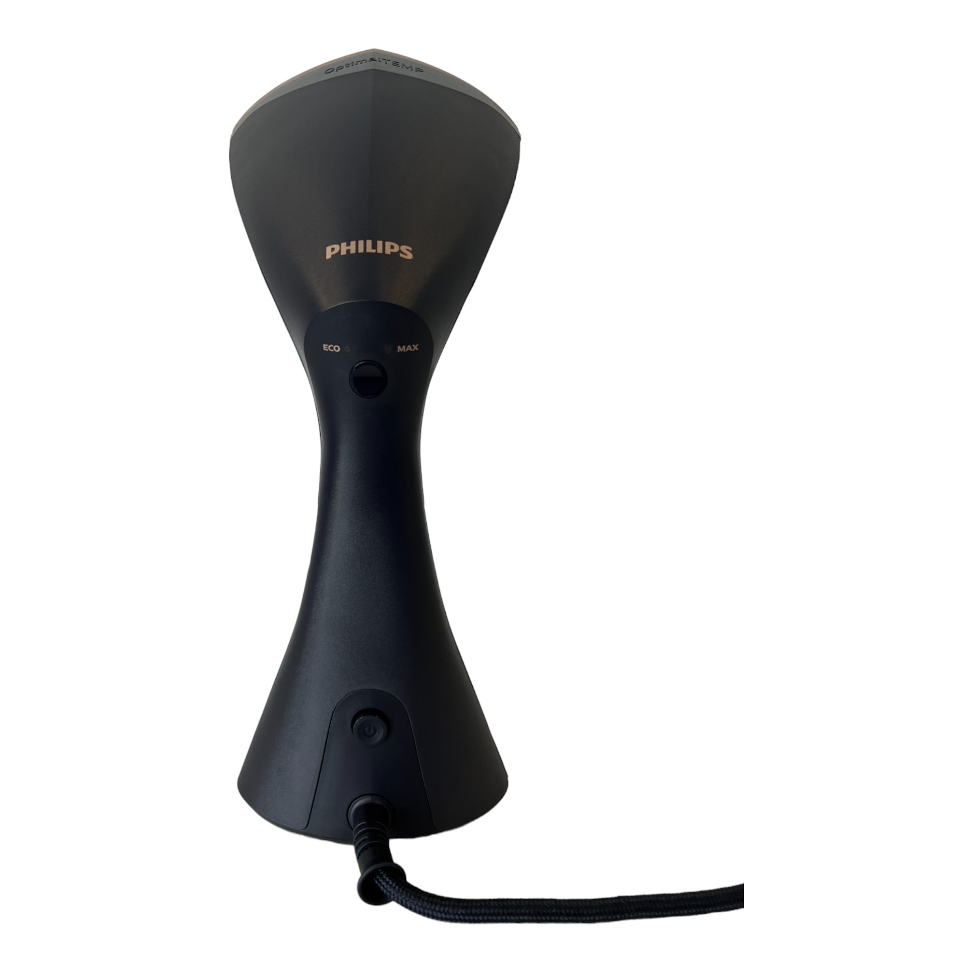 Vaporizzatore per indumenti Philips nero. Ha i pulsanti per le impostazioni eco e max. Un cavo di alimentazione nero parte dalla base.