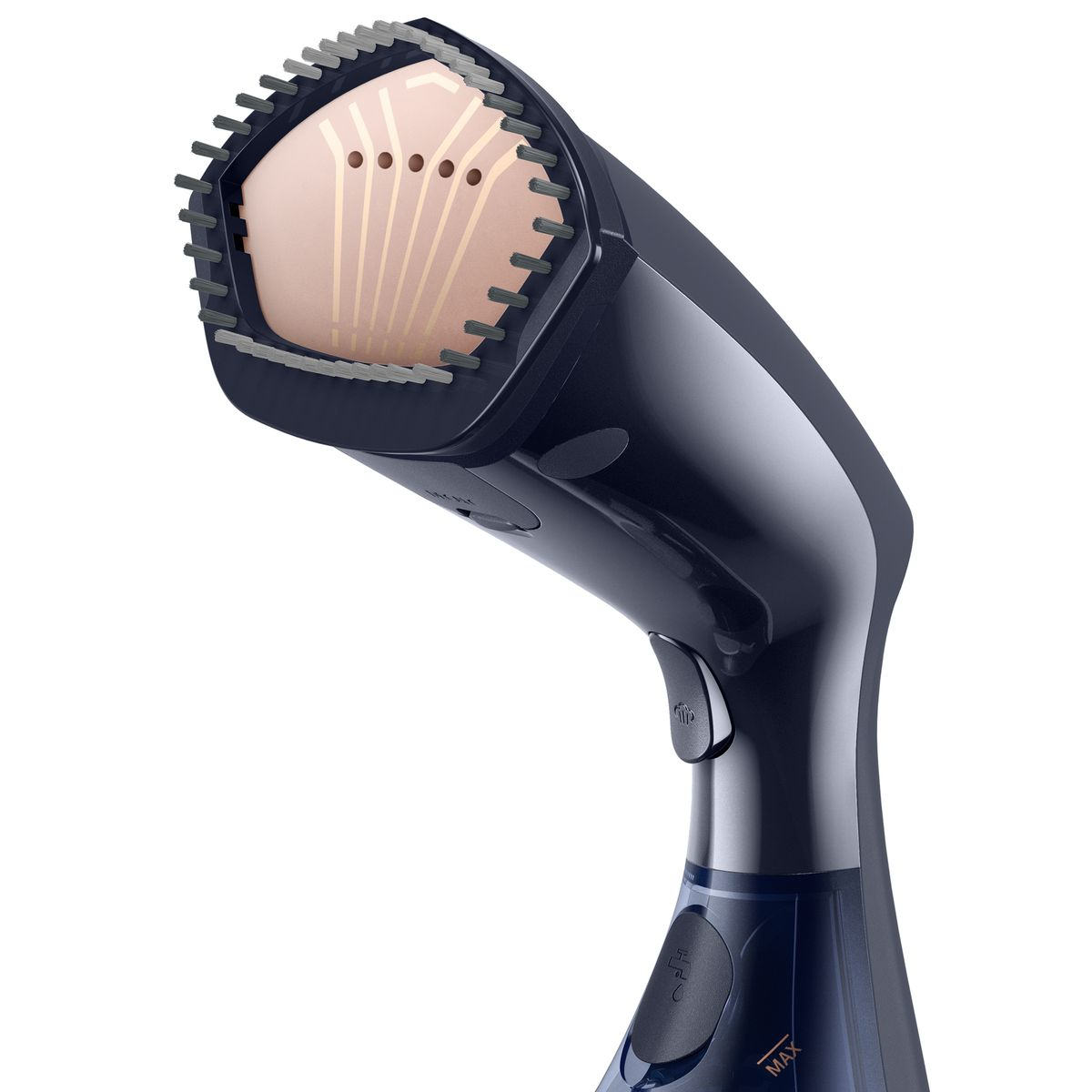 Un vaporizzatore per indumenti blu scuro con piastra riscaldante marrone chiaro e serbatoio dell'acqua su sfondo bianco.
