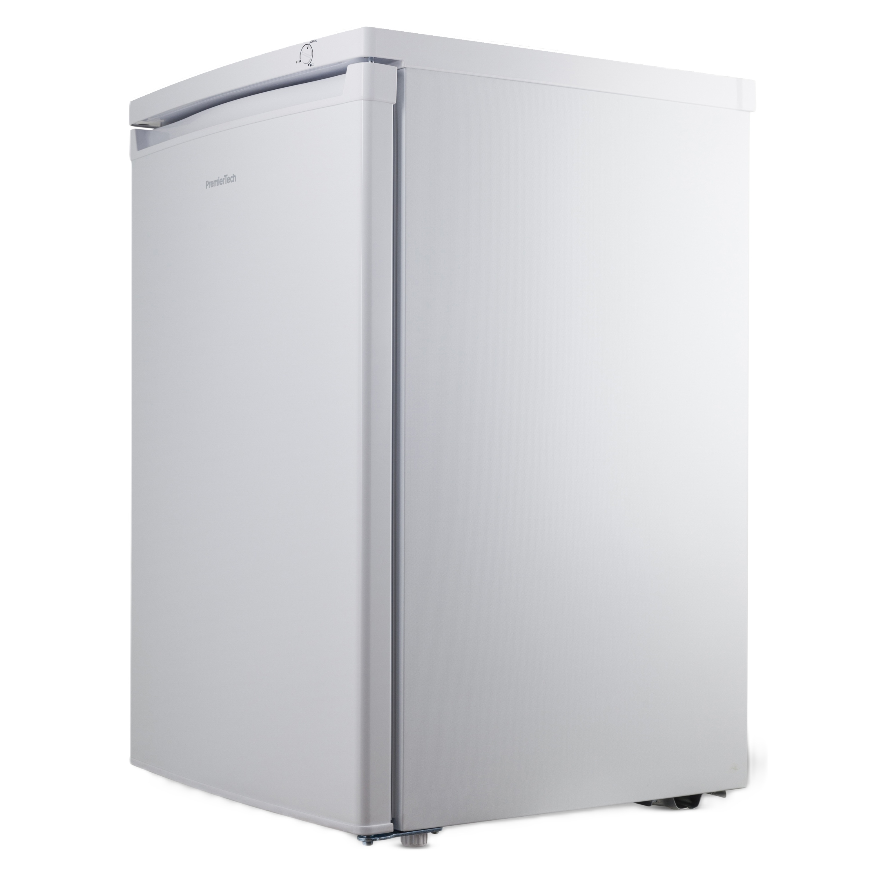 Un mini-frigorifero PremierTech bianco su una superficie bianca. Ha porta, maniglia e controllo temperatura.