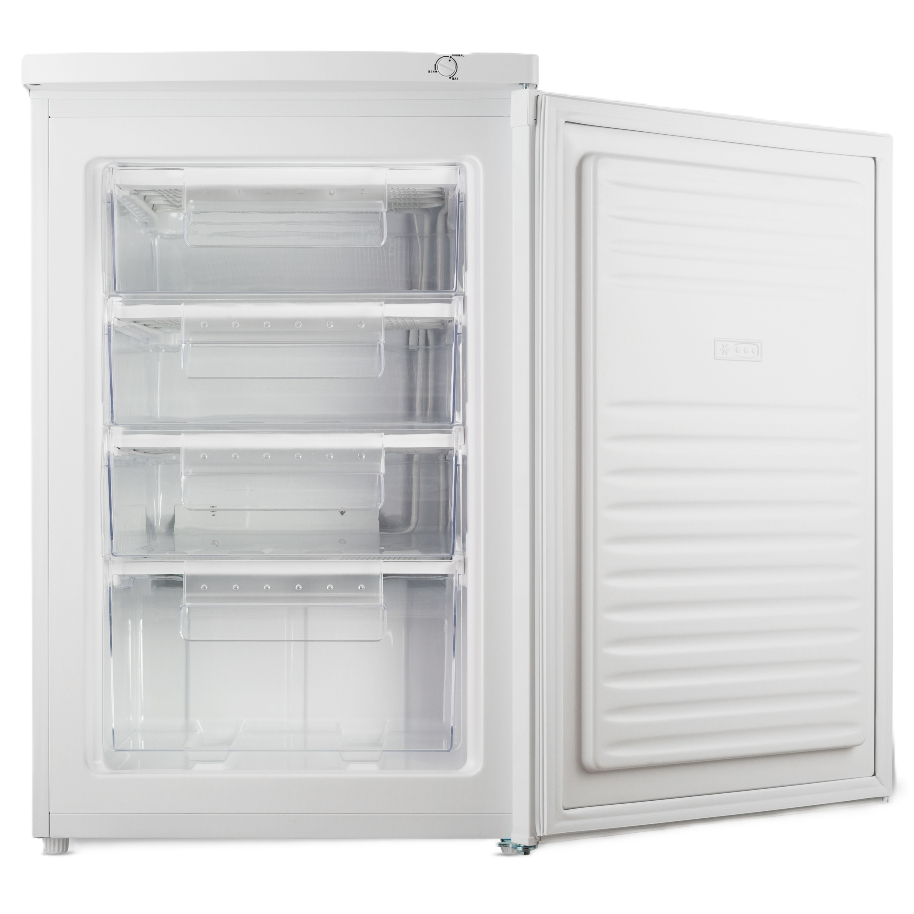 Congelatore bianco con porta aperta. All'interno ci sono cassetti trasparenti. La porta è a destra.
