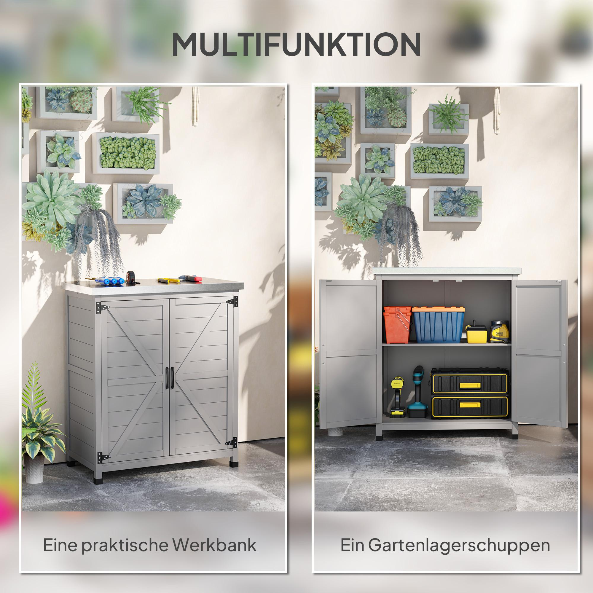 Grauer Lagerschrank mit Werkzeugen oben und innen. Sukkulenten befinden sich in Rahmen an der Wand. Text: Multifunktion.