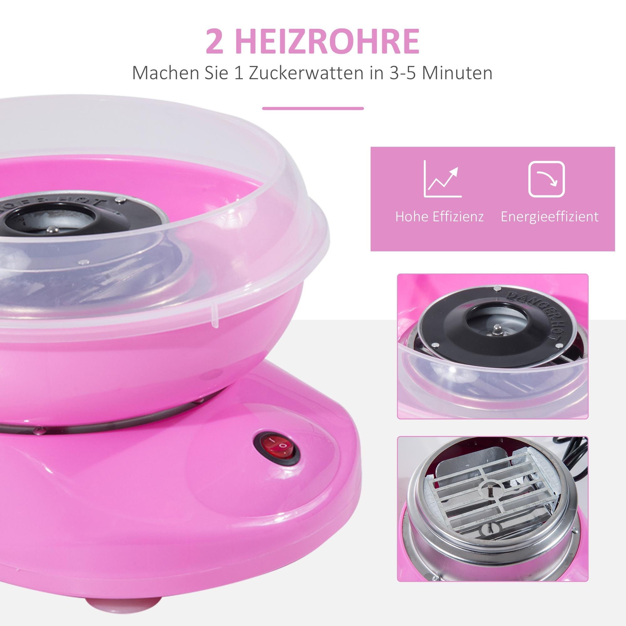 Rosa Zuckerwattemaschine mit transparentem Deckel und Ein-/Aus-Taste. Text: 2 Heizrohre. Mache 1 Zuckerwatte in 3-5 Minuten.