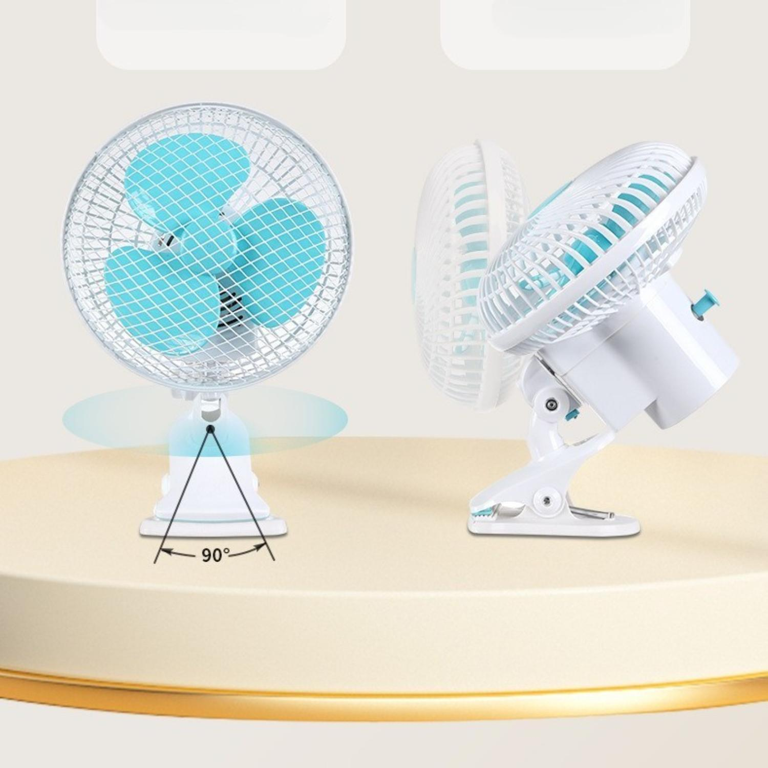 Zwei weiße und teal-farbene Ventilatoren werden auf einer beigefarbenen Plattform gezeigt. Eine Frontansicht, eine Seitenansicht. Der Ventilator ist mit einem 90-Grad-Winkel versehen.