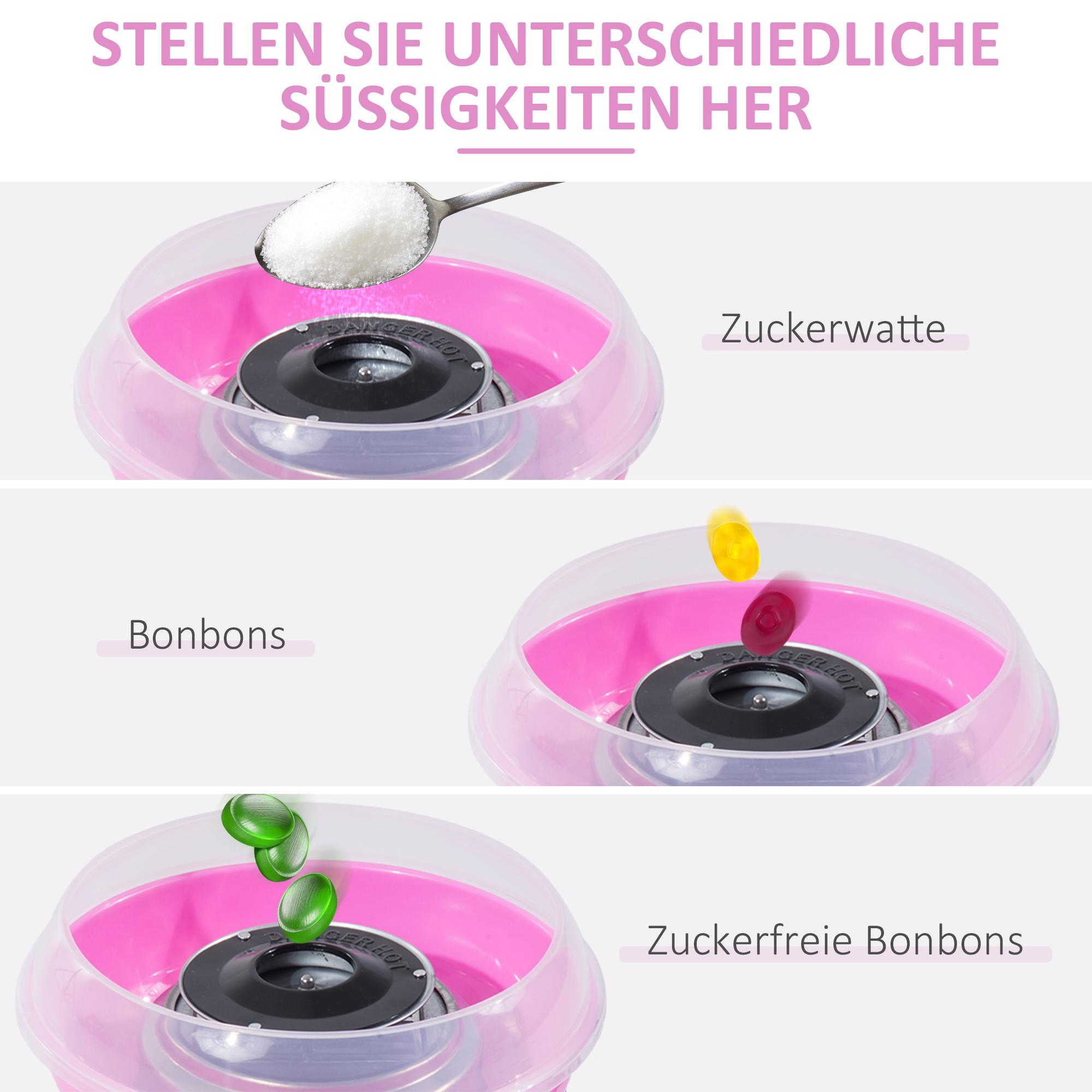 Eine rosa Zuckerwattemaschine mit Zucker und Bonbons. Text auf Deutsch: Mache verschiedene Süßigkeiten.