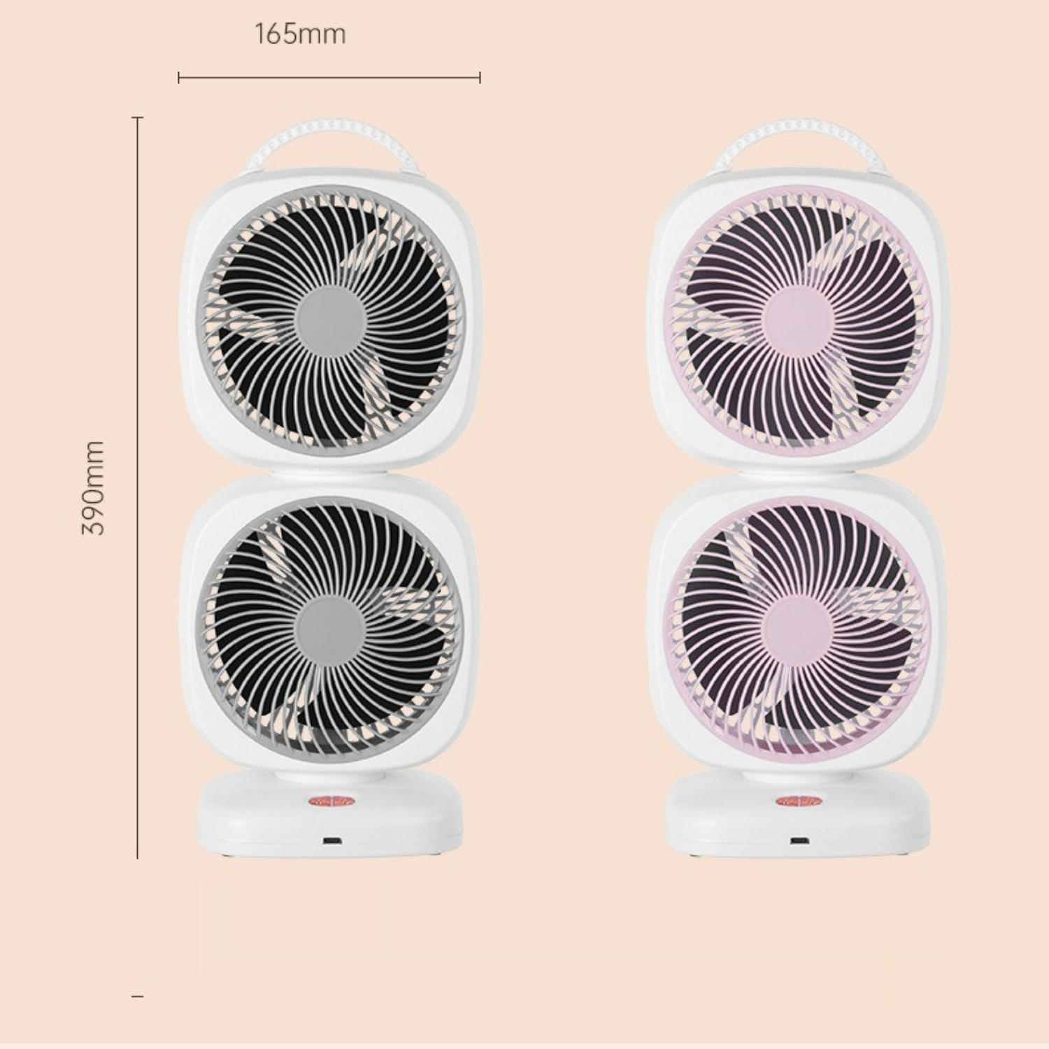 Vier weiße Ventilatoren mit rundem Grill und Griff, symmetrisch angeordnet vor hellrosa Hintergrund.