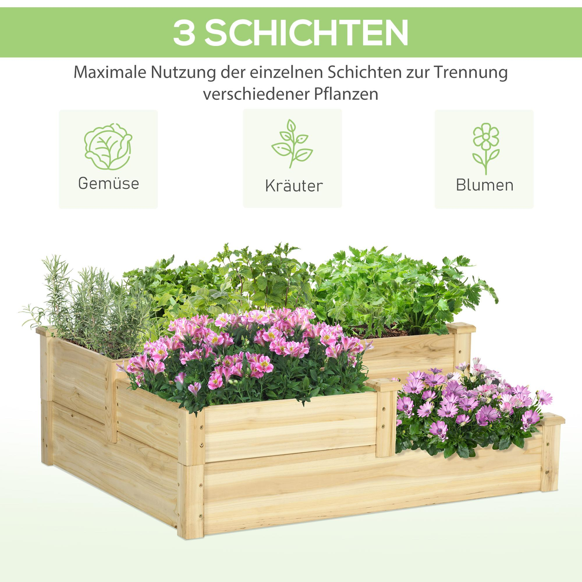Ein gestufter Holzpflanzer mit Kräutern, Blumen und Gemüse. Der Pflanzer hat drei Ebenen mit verschiedenen Pflanzen.