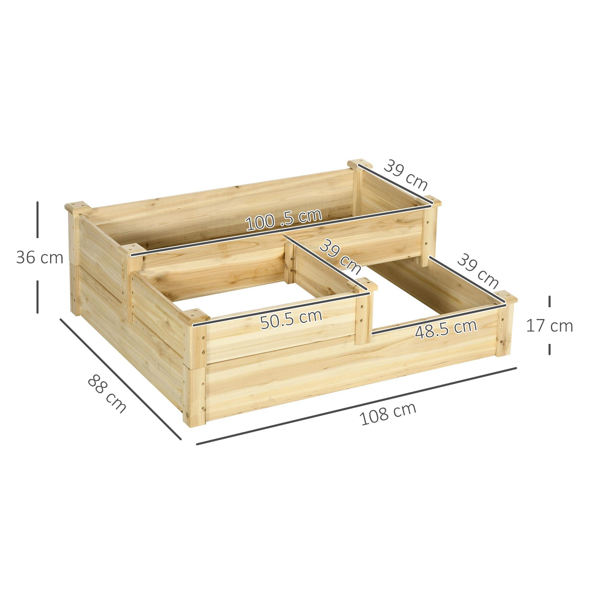 Erhöhtes Gartenbeet aus Holz mit drei Ebenen. Abmessungen sind beschriftet.