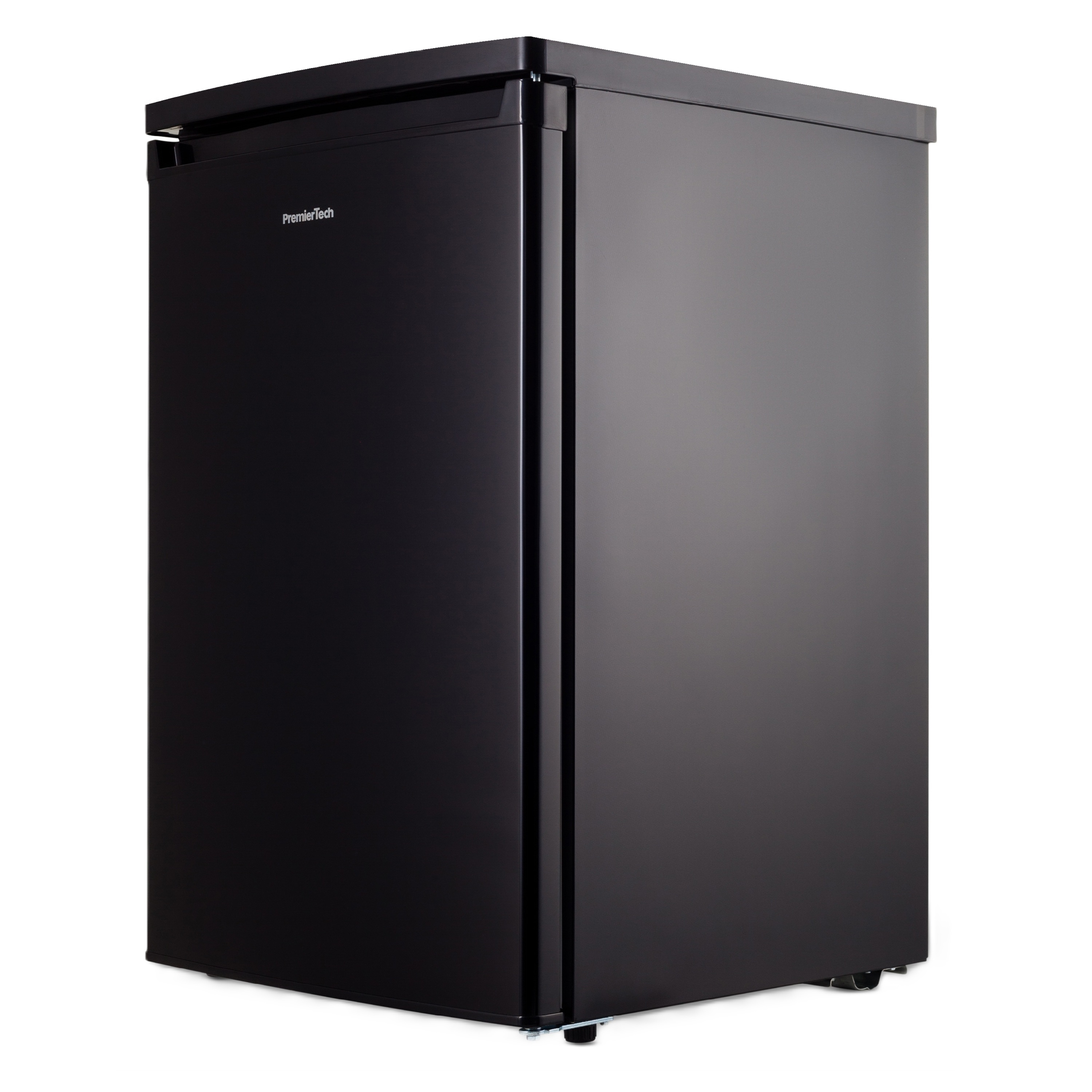 Un mini-frigorifero PremierTech nero. Ha una porta singola, il logo PremierTech e uno sfondo bianco.