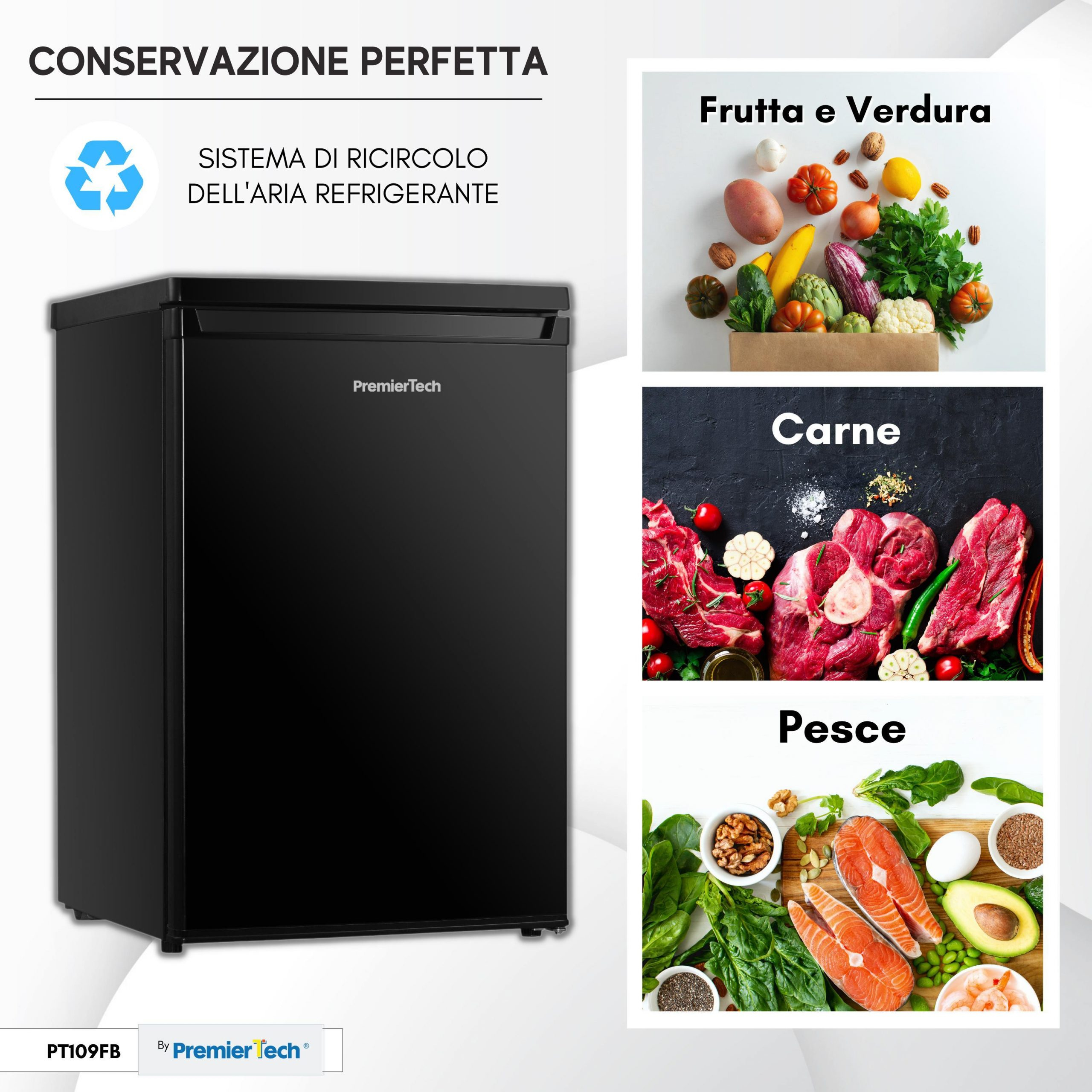 Un frigorifero PremierTech nero con immagini di cibo: frutta e verdura, carne e pesce. Ha un logo di riciclaggio.