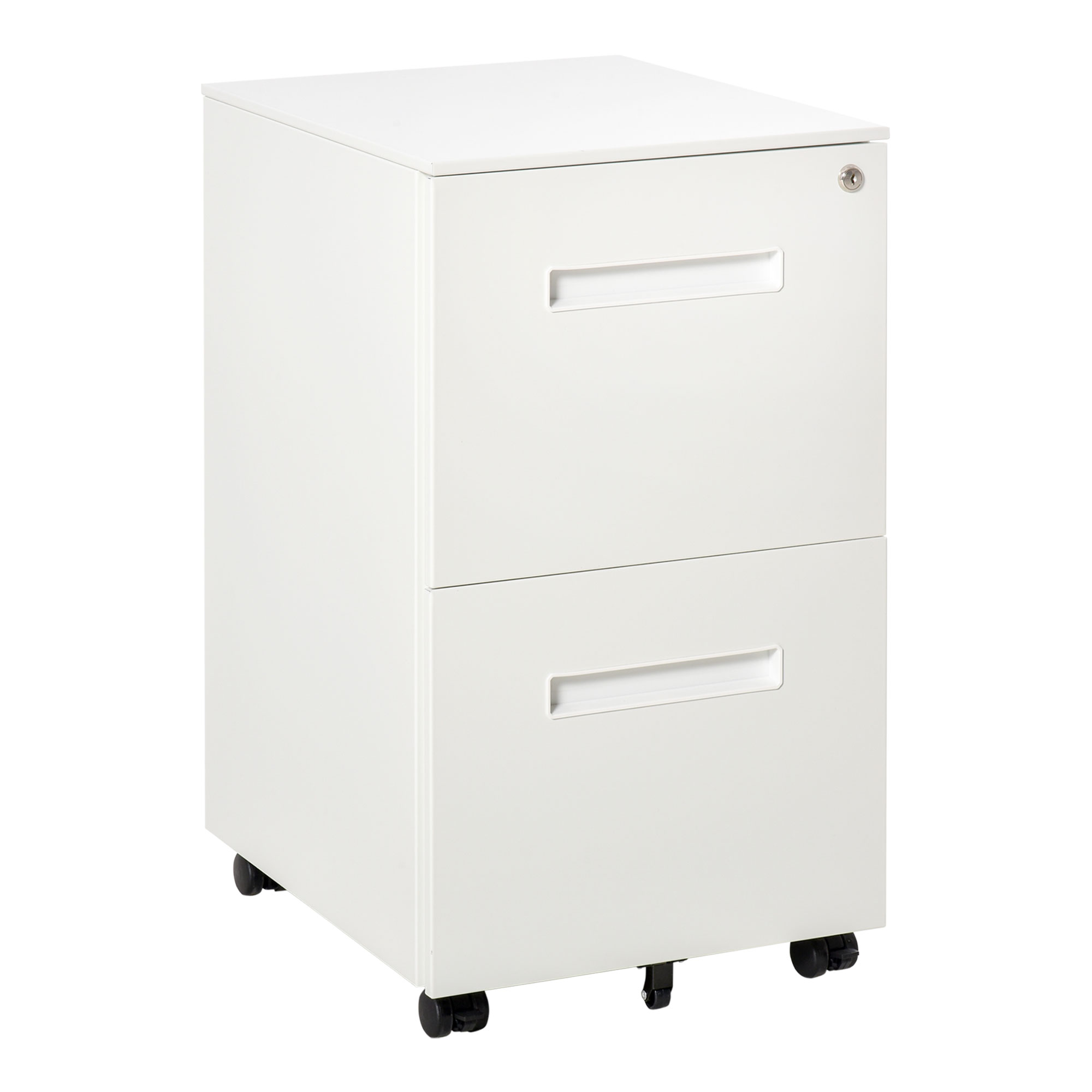 Ein weißer Aktenschrank mit zwei Schubladen auf Rollen. Er hat eingelassene Griffe und ein Schloss.