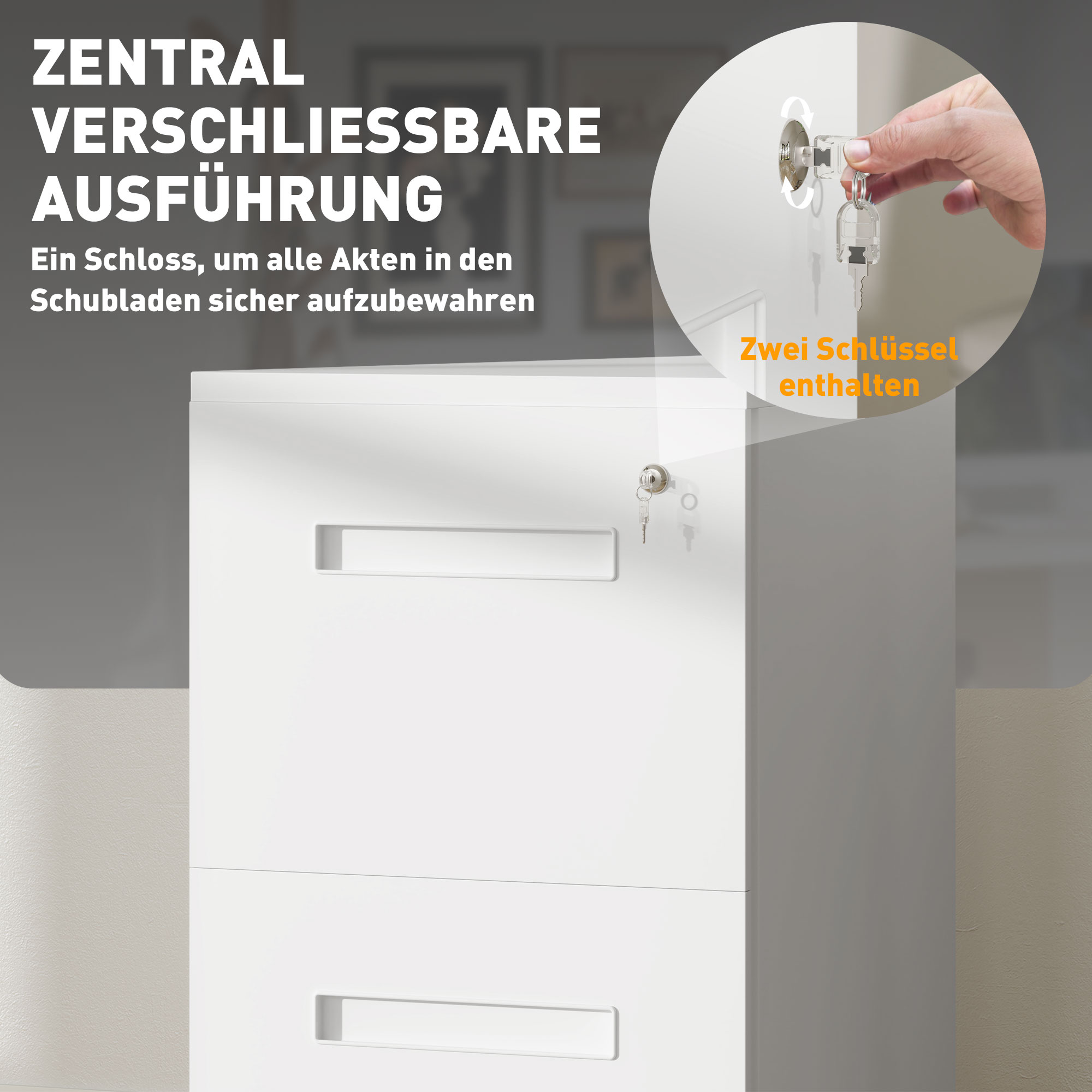 Ein weißer Aktenschrank mit Schloss. Eine Hand hält Schlüssel. Text sagt 'zentrale verschließbare Ausführung'.