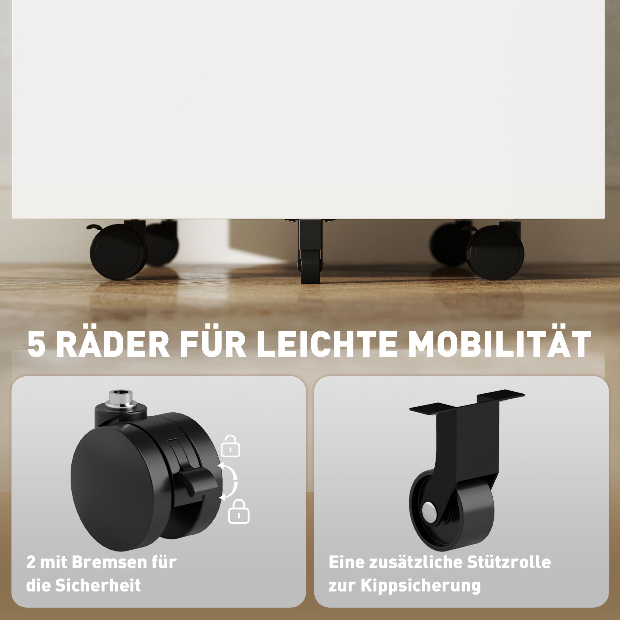 Weißer Schrank auf schwarzen Rädern. Text: „5 Rollen für einfache Mobilität“. Zwei Bilder zeigen Raddetails.