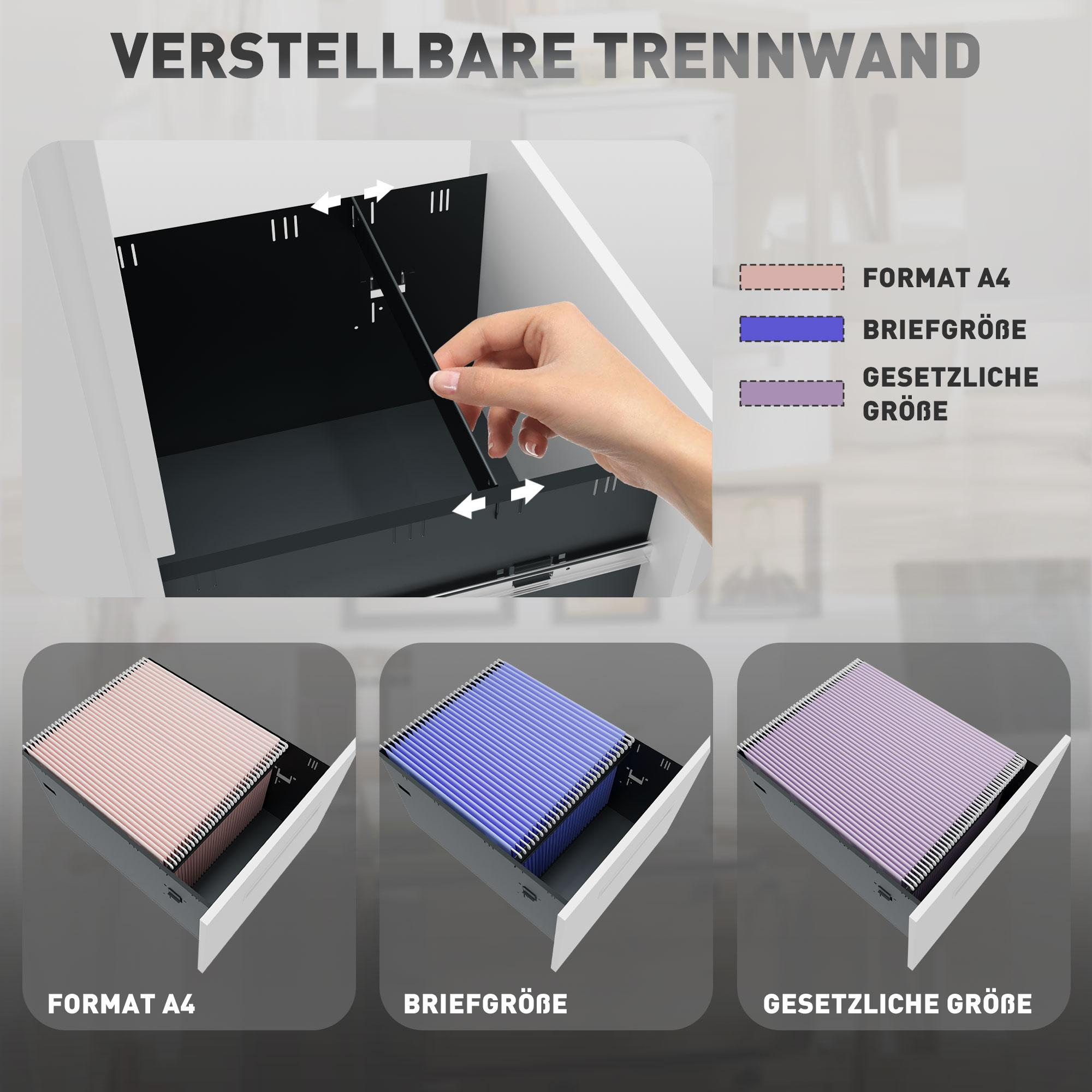 Bild zeigt eine verstellbare Trennwand in einer Schublade, mit Beispielen für A4-, Brief- und Rechtsgrößen. Eine Hand verstellt die Trennwand.