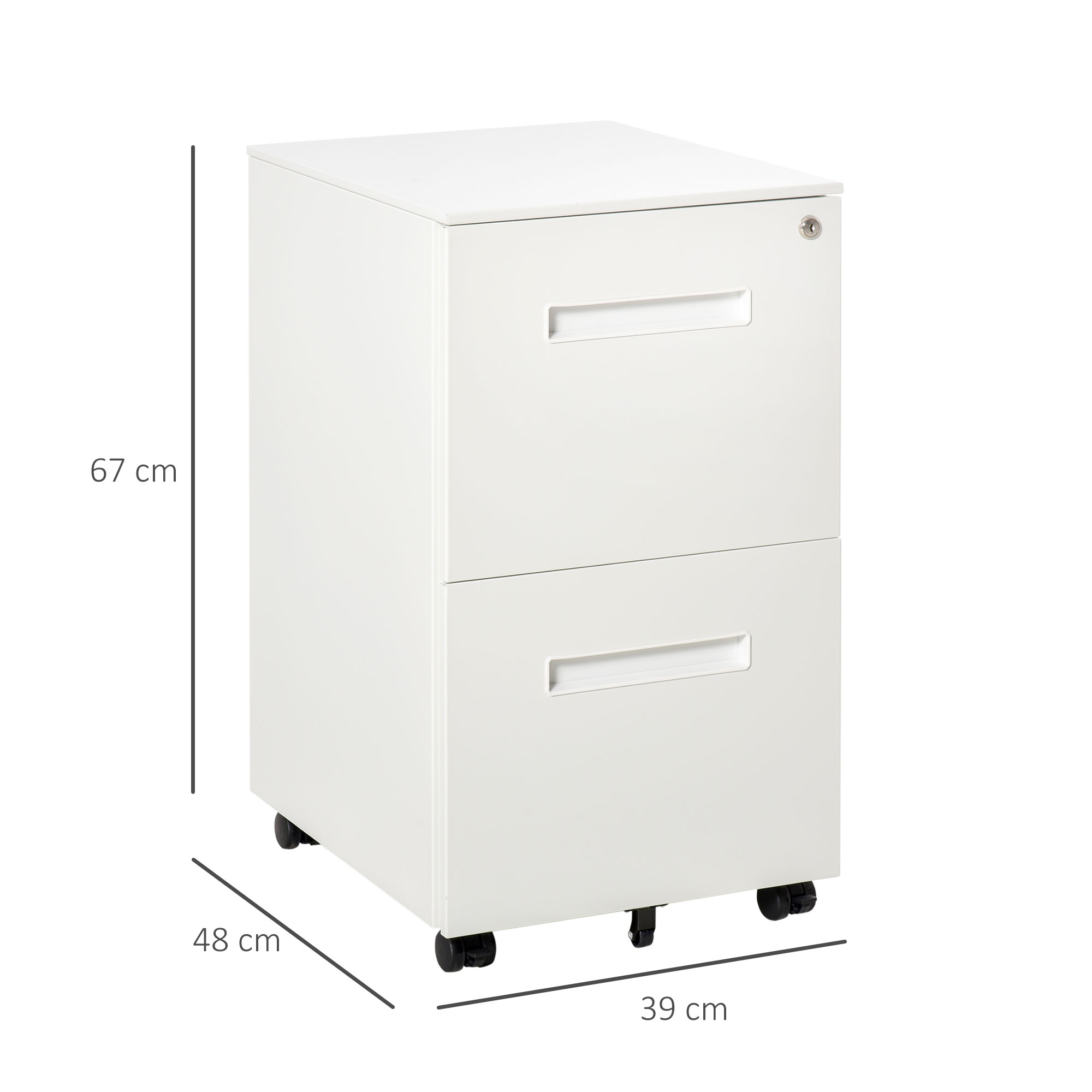 Weißer Aktenschrank mit zwei Schubladen und integrierten Griffen. Abmessungen: 67 cm Höhe, 48 cm Breite und 39 cm Tiefe. Mit Rollen.