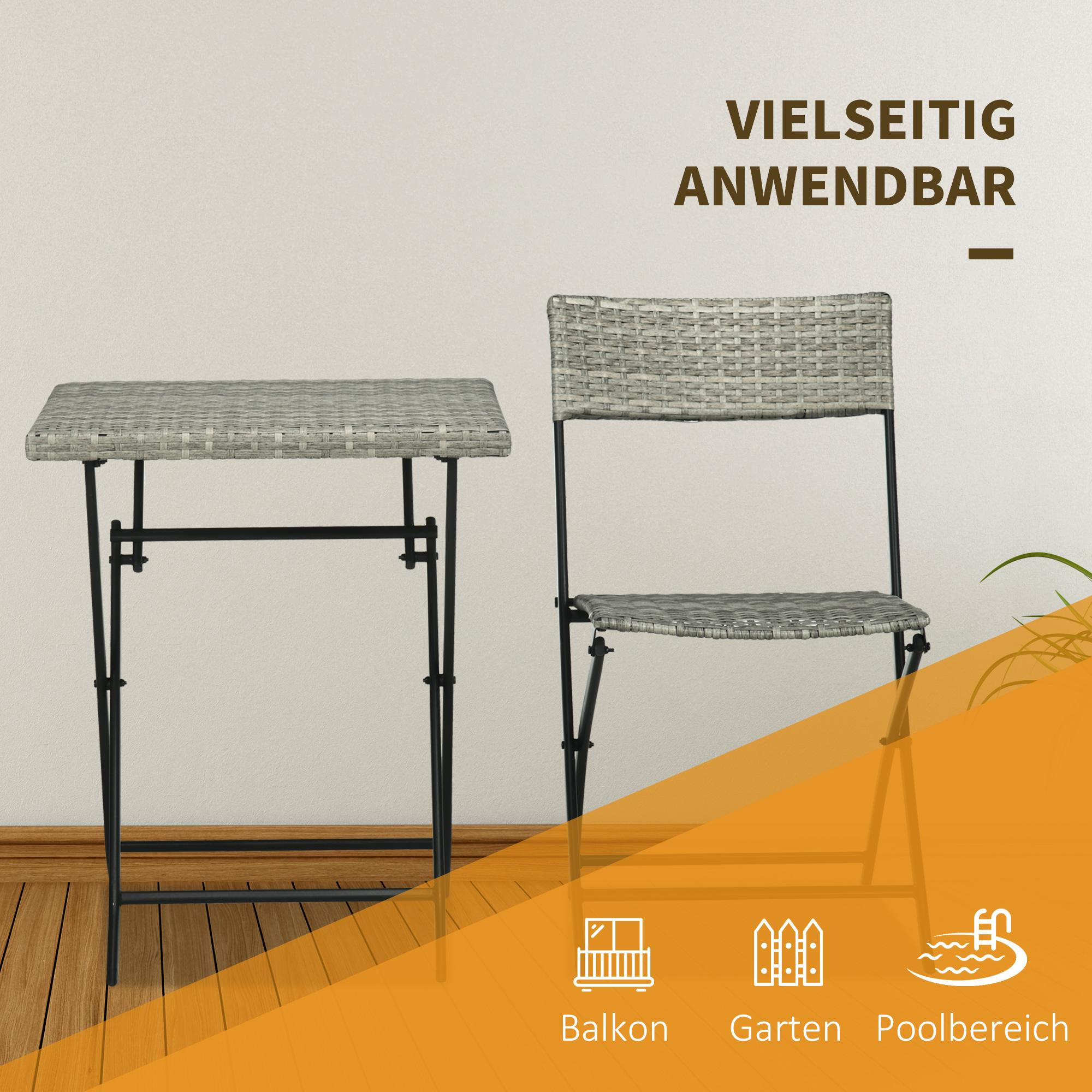 Ein graues Tisch- und Stuhlset vor einer hellen Wand. Text lautet 'Vielseitig'. Symbole zeigen Balkon, Garten und Poolbereich.