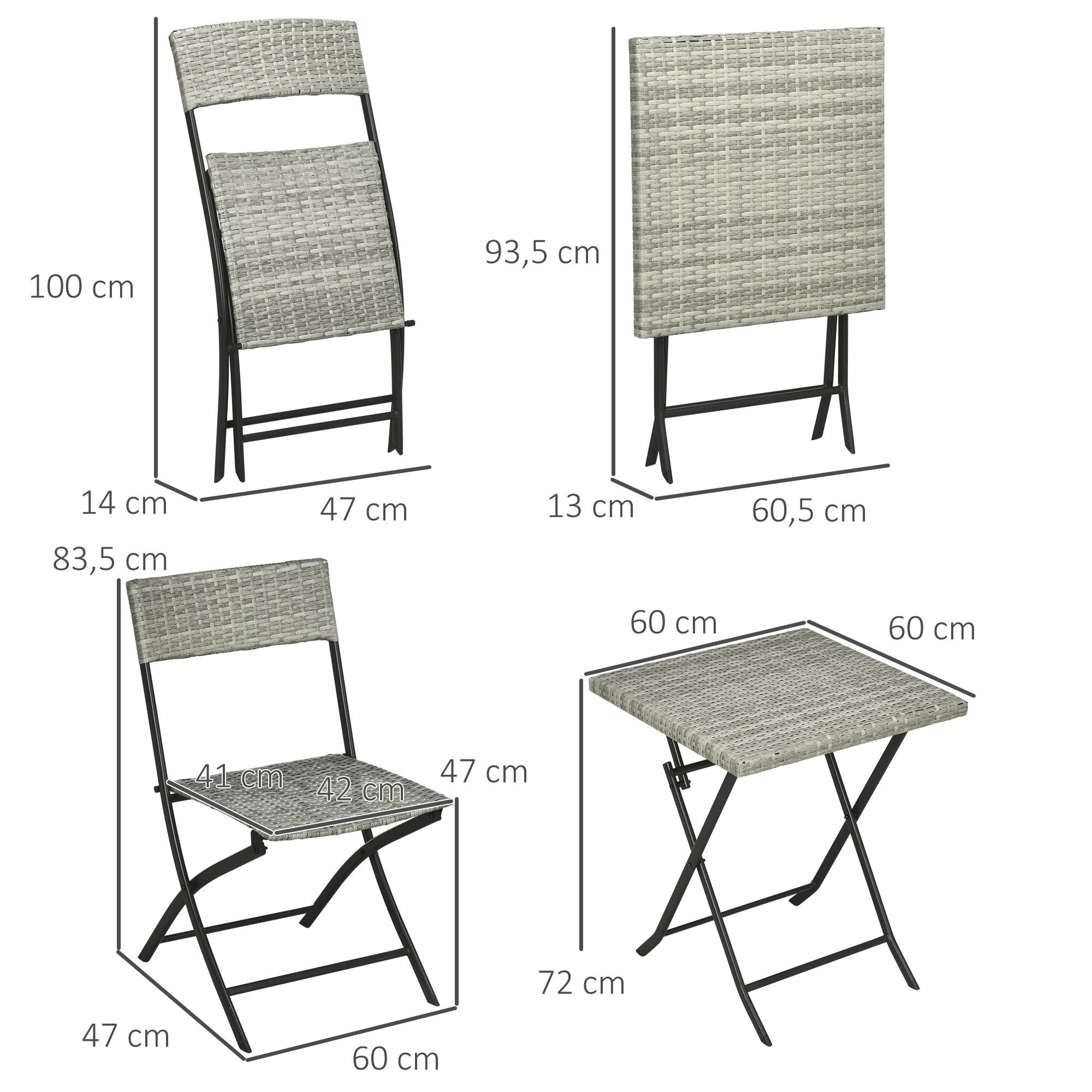 Vier Gartenmöbel: ein Stuhl, ein Tisch und zwei weitere Teile. Alle sind graues Korbgeflecht mit schwarzen Metallrahmen.