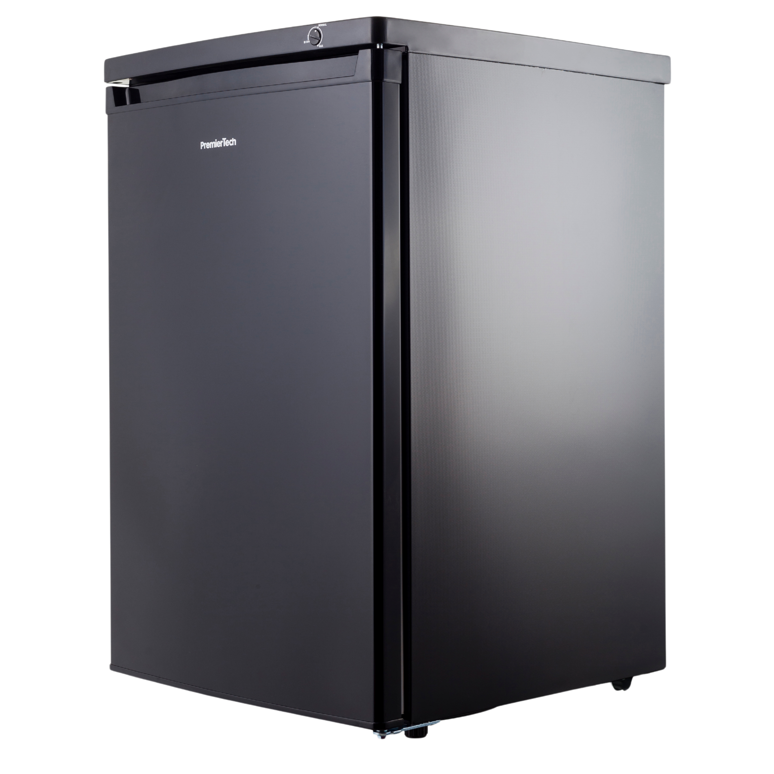 Un mini-frigorifero nero con logo Premier Tech. Ha una porta, un termostato e si trova su sfondo bianco.