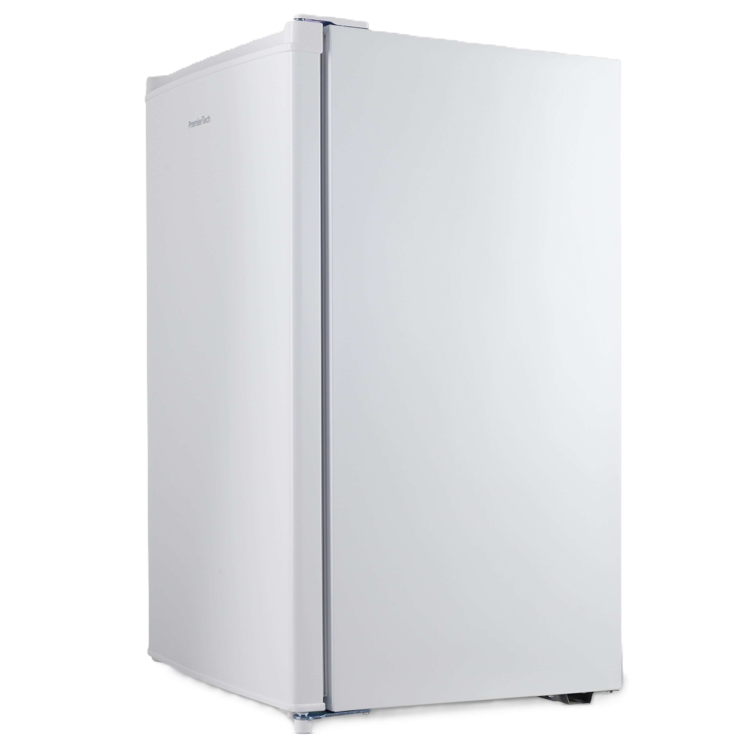 Un frigorifero bianco Premier Tech è in piedi su uno sfondo bianco. È un modello alto a porta singola.