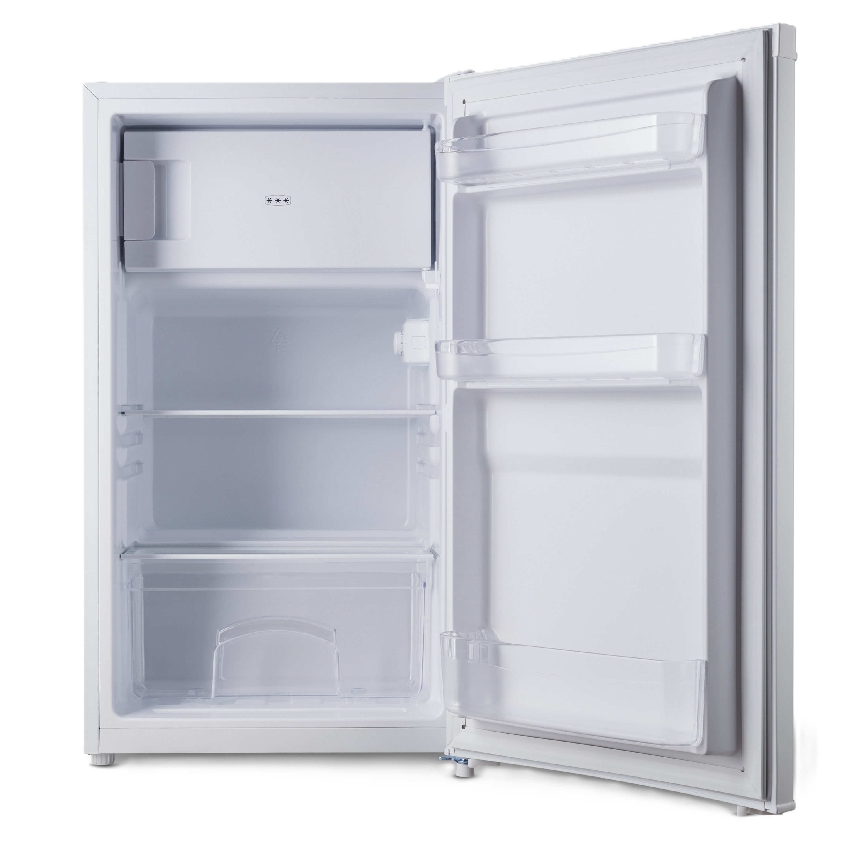 Un frigorifero bianco aperto e vuoto. All'interno ci sono ripiani, un piccolo congelatore e scomparti sulla porta. La porta è aperta.