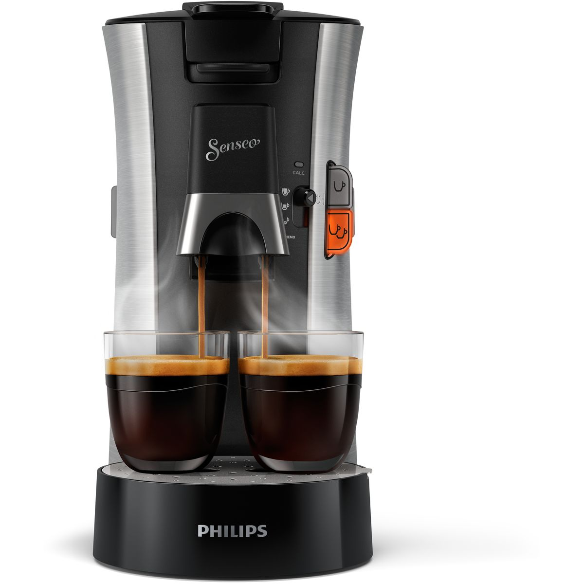 Ekspres do kawy zaparzający espresso do dwóch szklanek. Maszyna jest srebrno-czarna, z logo Philips. Widoczna para.