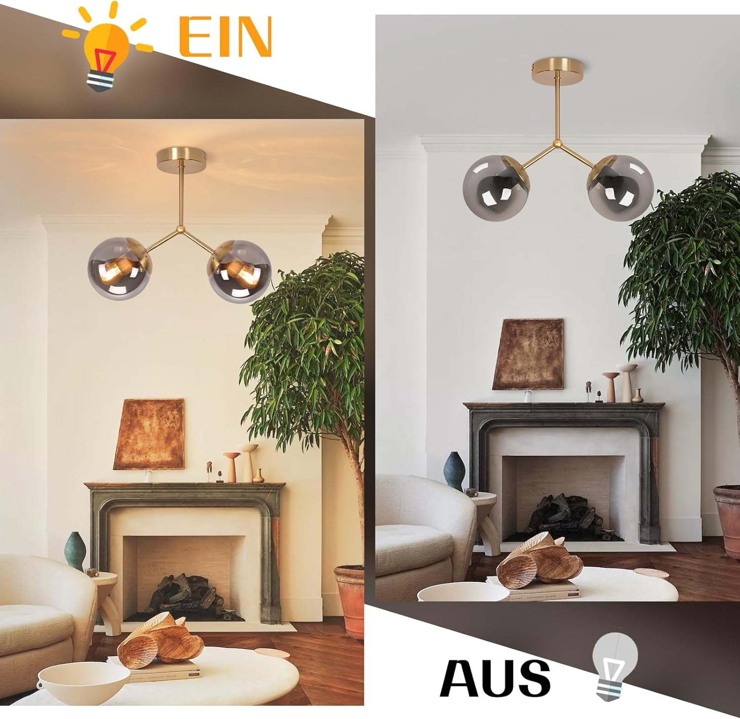 Nowoczesny żyrandol z dwiema przydymionymi szklanymi kulami wisi w pokoju. Kominek i roślina są w tle. Światło jest włączone.