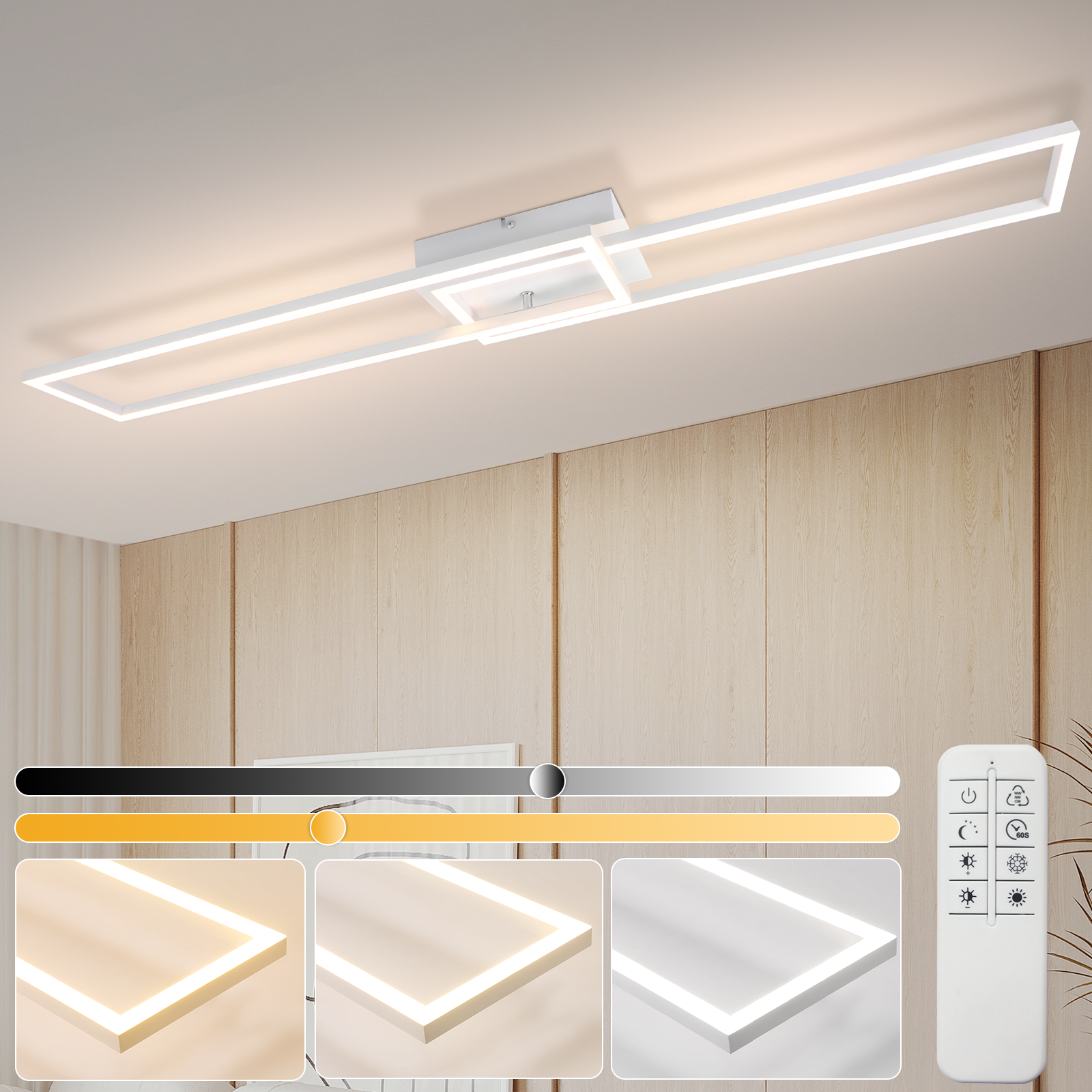Moderna lámpara de techo blanca. Temperatura de color ajustable, con mando a distancia. Pared de paneles de madera al fondo.