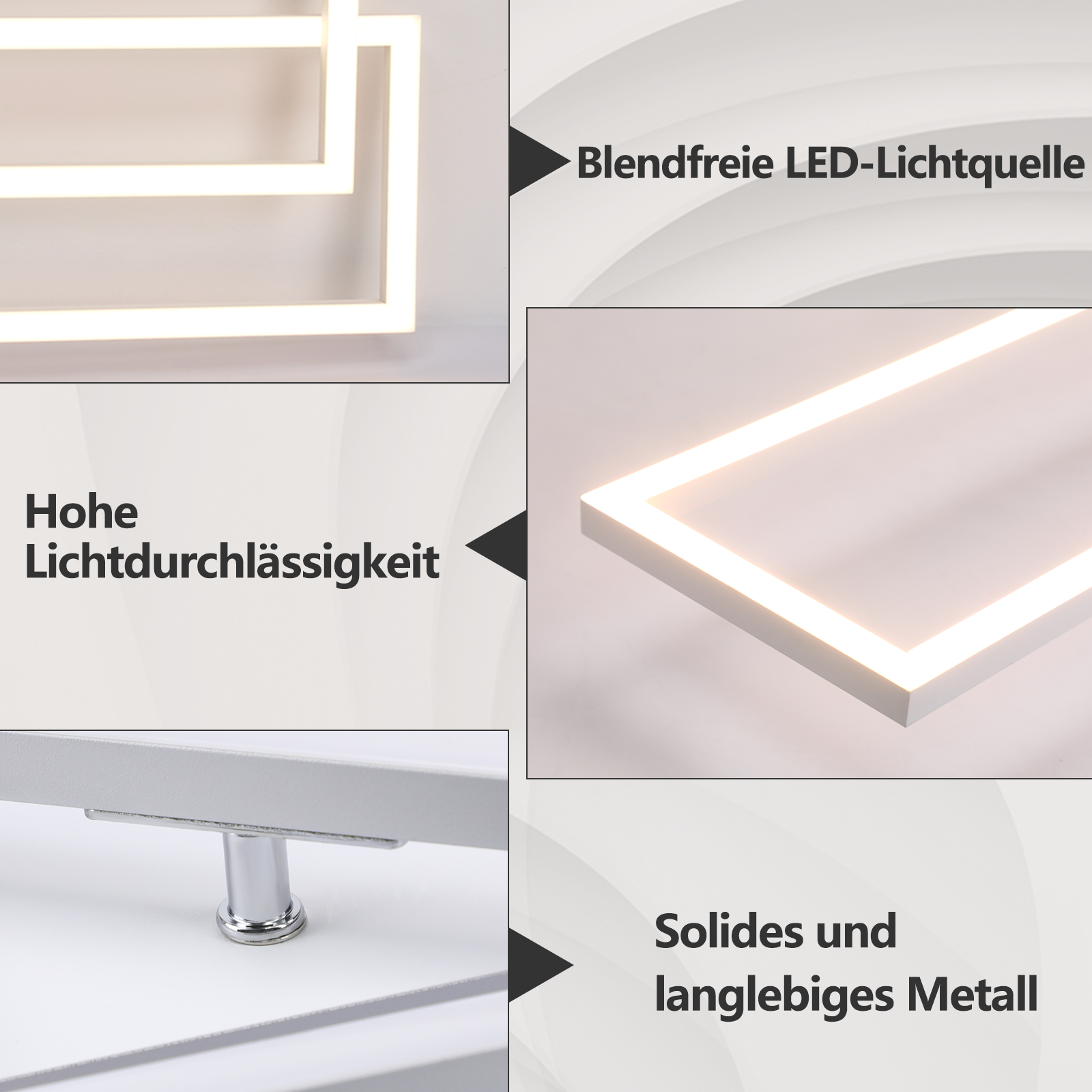 Una lámpara de techo. Diseño geométrico blanco, con base de metal. Características: alta transmisión de luz y metal duradero.