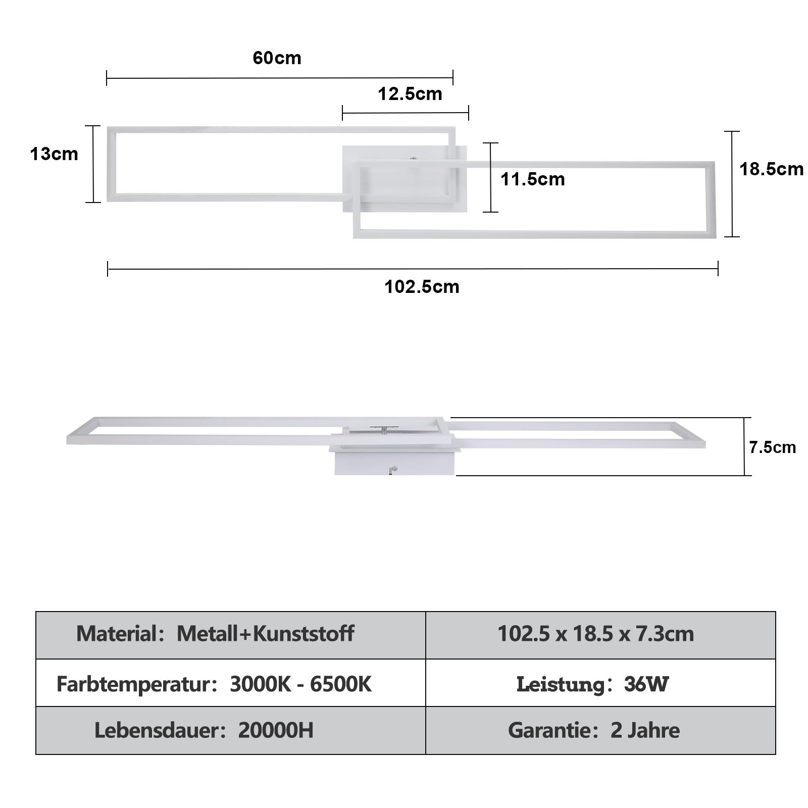 Una lámpara de techo geométrica blanca con dimensiones etiquetadas. Incluye detalles de material, temperatura, potencia y garantía.