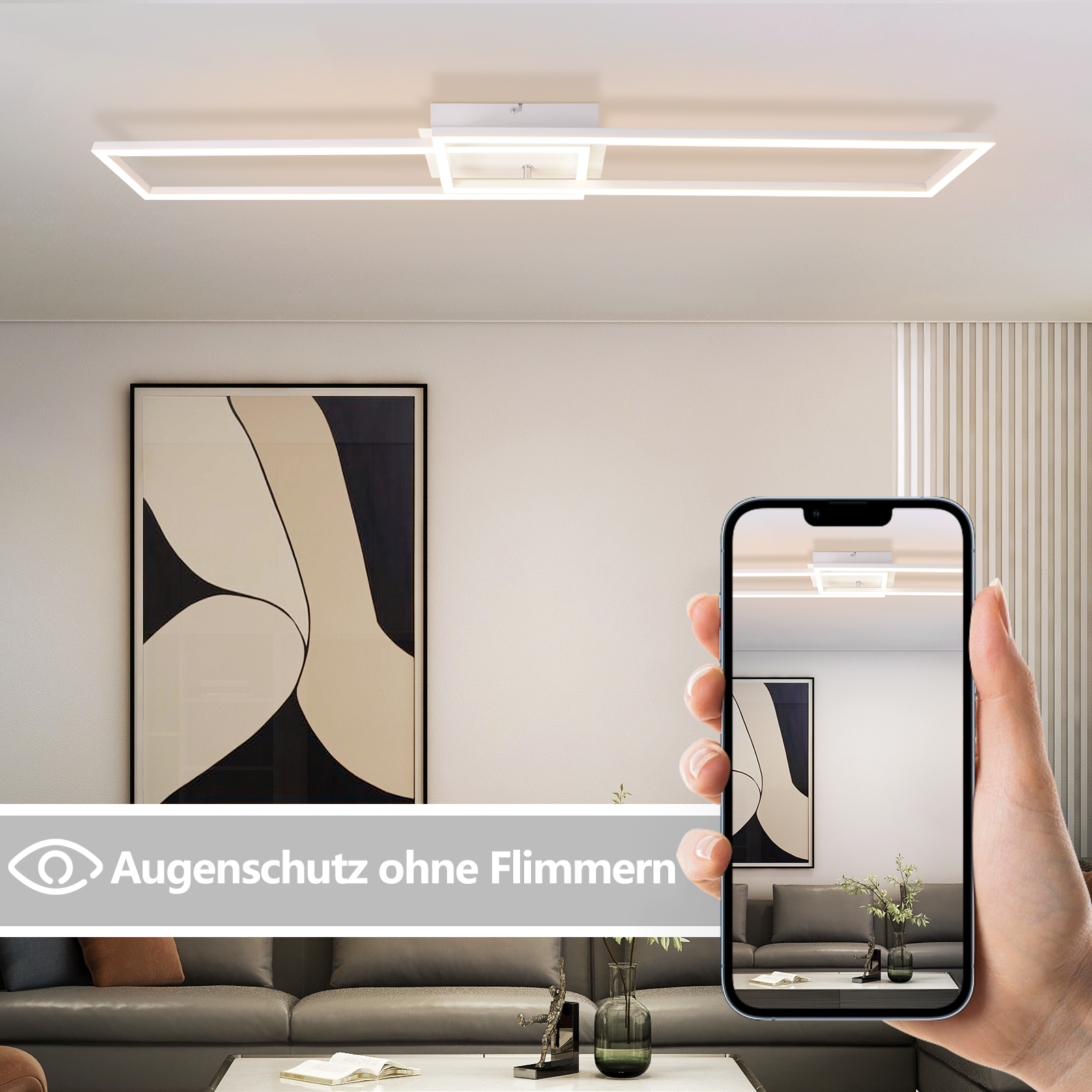 Una mano sosteniendo un teléfono que muestra una habitación con una lámpara y una obra de arte. La habitación tiene un sofá y una mesa de centro.