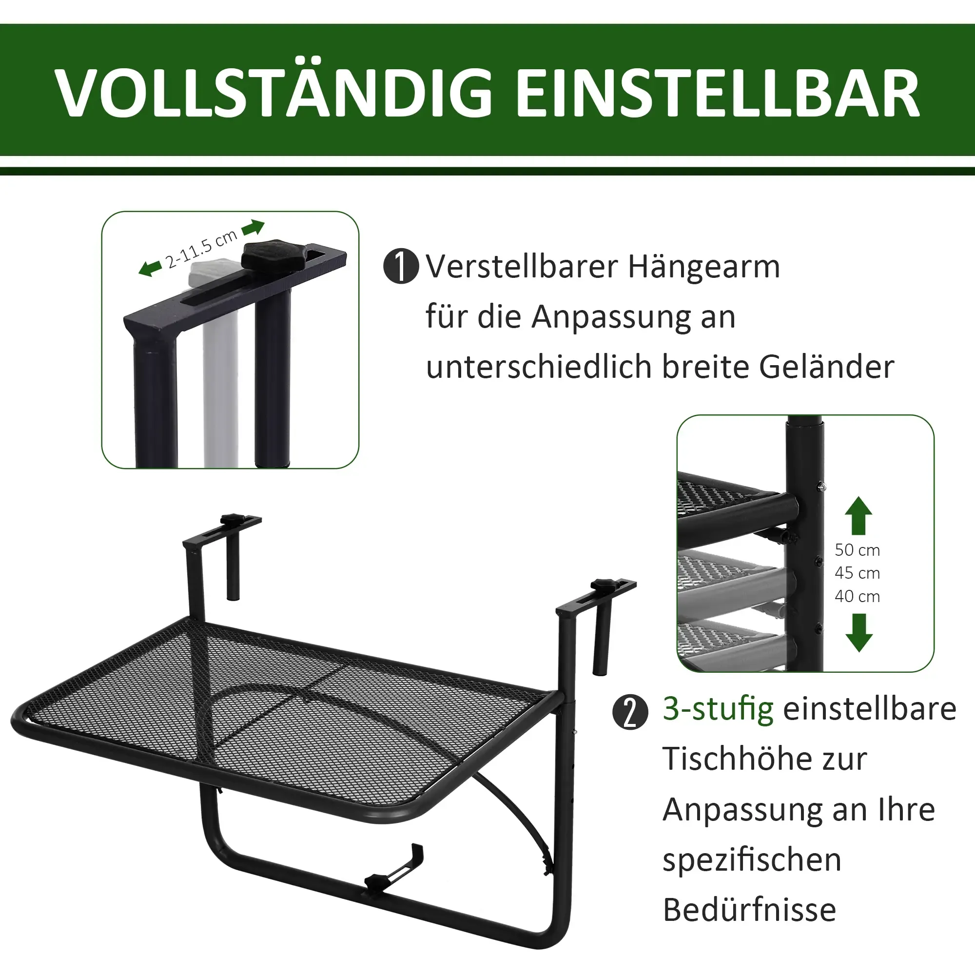Schwarz einstellbarer Balkontisch mit 3-stufiger Höhenverstellung, detailliert mit Maßen und Text auf Deutsch.