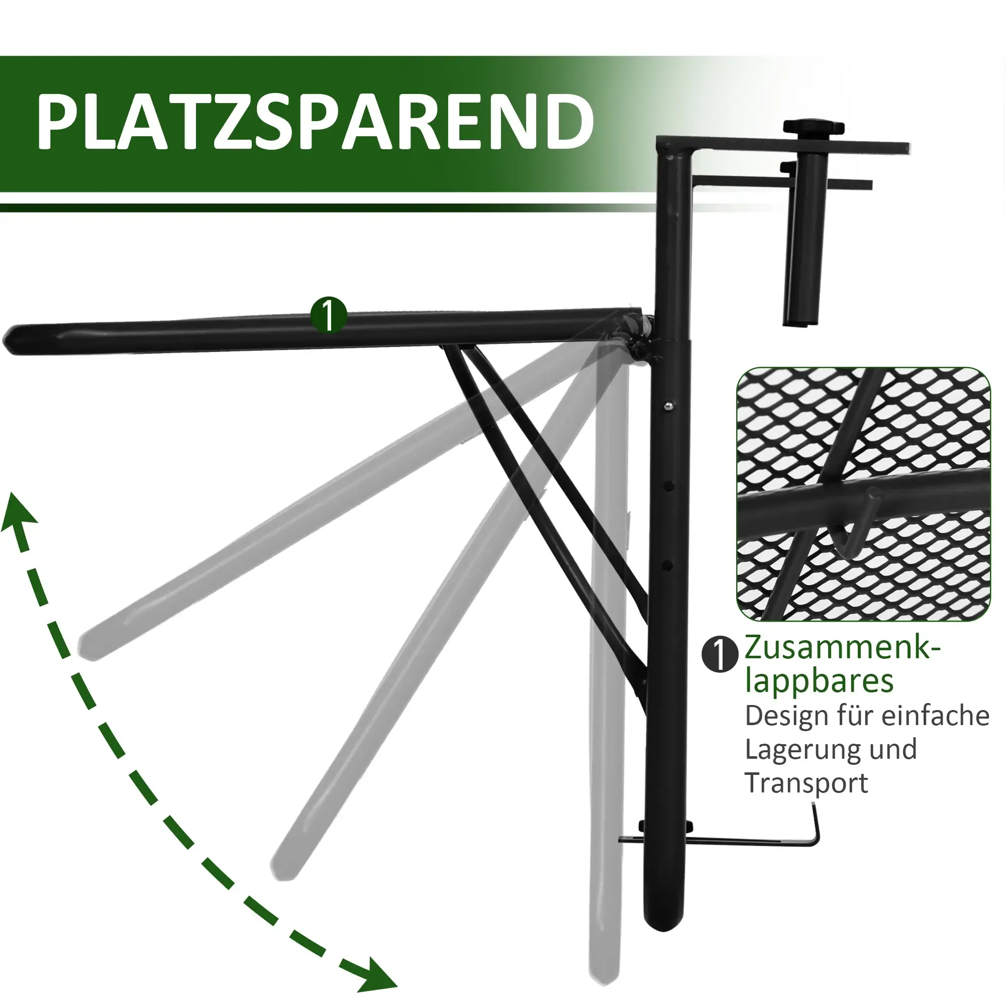 Schwarzer Klapptisch mit Faltmechanismus. Text auf Deutsch 'Platzsparend' und 'Zusammenklappbares Design'.