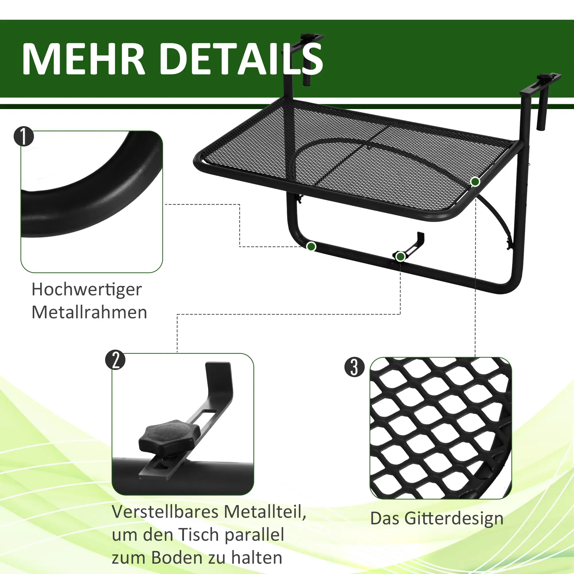 Ein schwarzer Metalltisch mit einem Maschenoberteil wird gezeigt. Nahaufnahmen zeigen Details des Rahmens, der verstellbaren Teile und des Gitterdesigns.