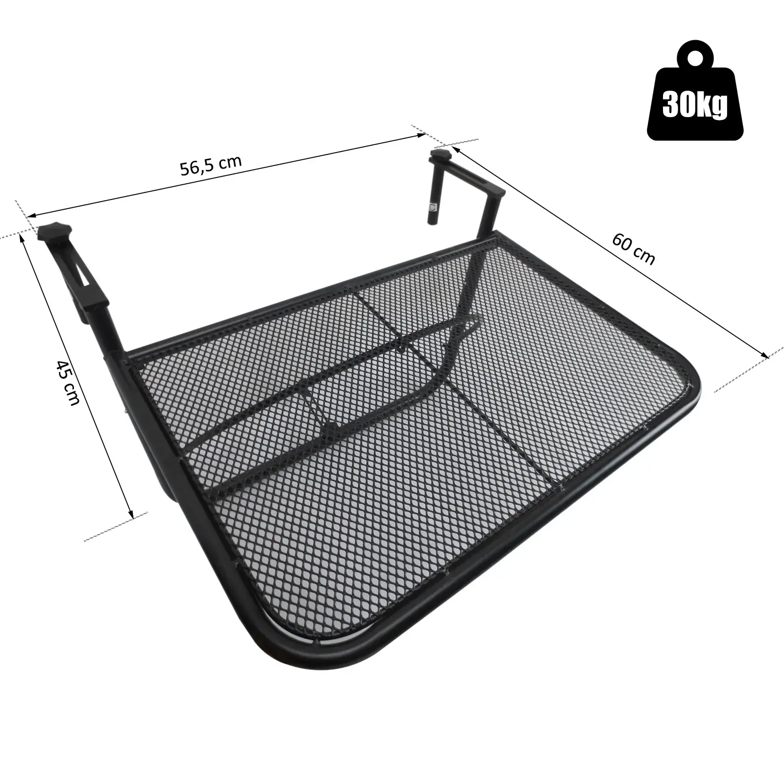 Schwarzer Balkontisch aus Metall mit Maßangaben. Er kann bis zu 30 kg tragen. Der Hintergrund ist weiß.