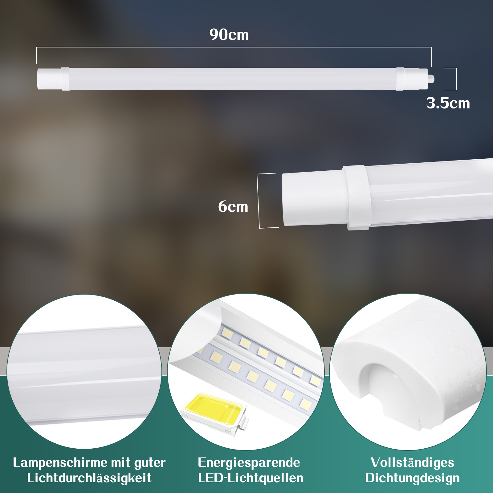 Biała rura świetlna LED o długości 90 cm, pokazano szczegóły lampy, światła LED i konstrukcję uszczelniającą.