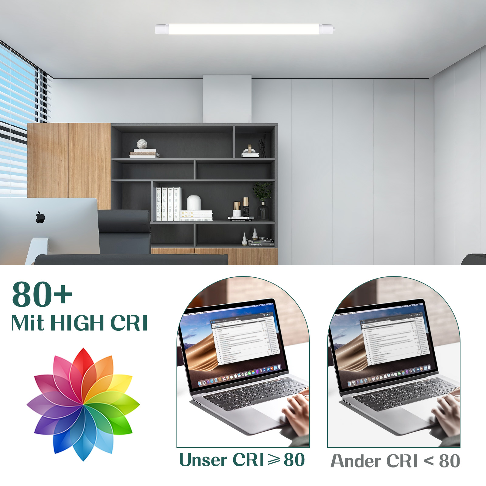 Scena biurowa z nowoczesną lampą, biurkiem z komputerem i dwoma laptopami porównującymi poziomy CRI.