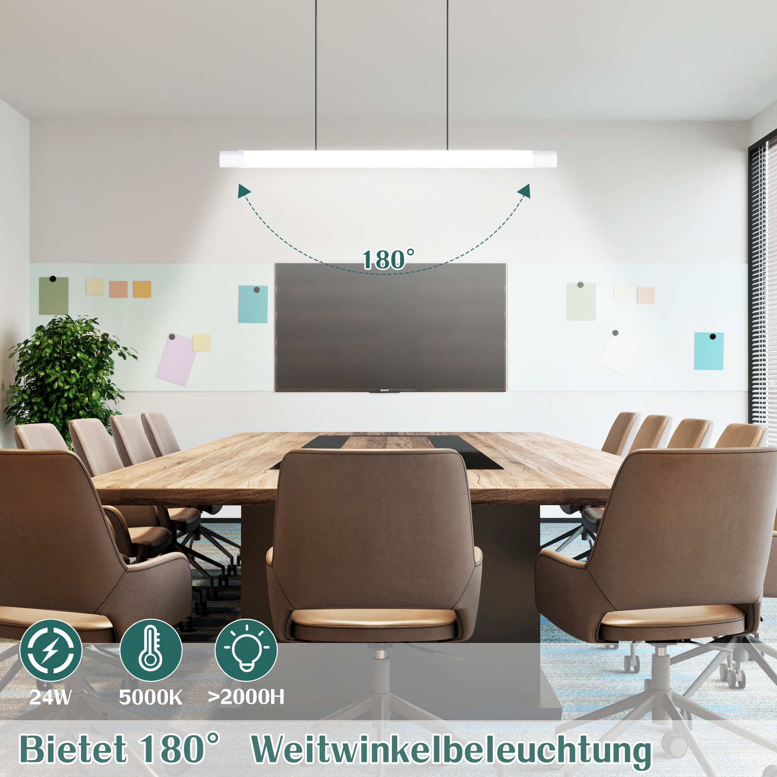 Sala konferencyjna ze stołem, krzesłami i oprawą oświetleniową. Na ścianie znajduje się ekran. Światło opisano jako 180°.