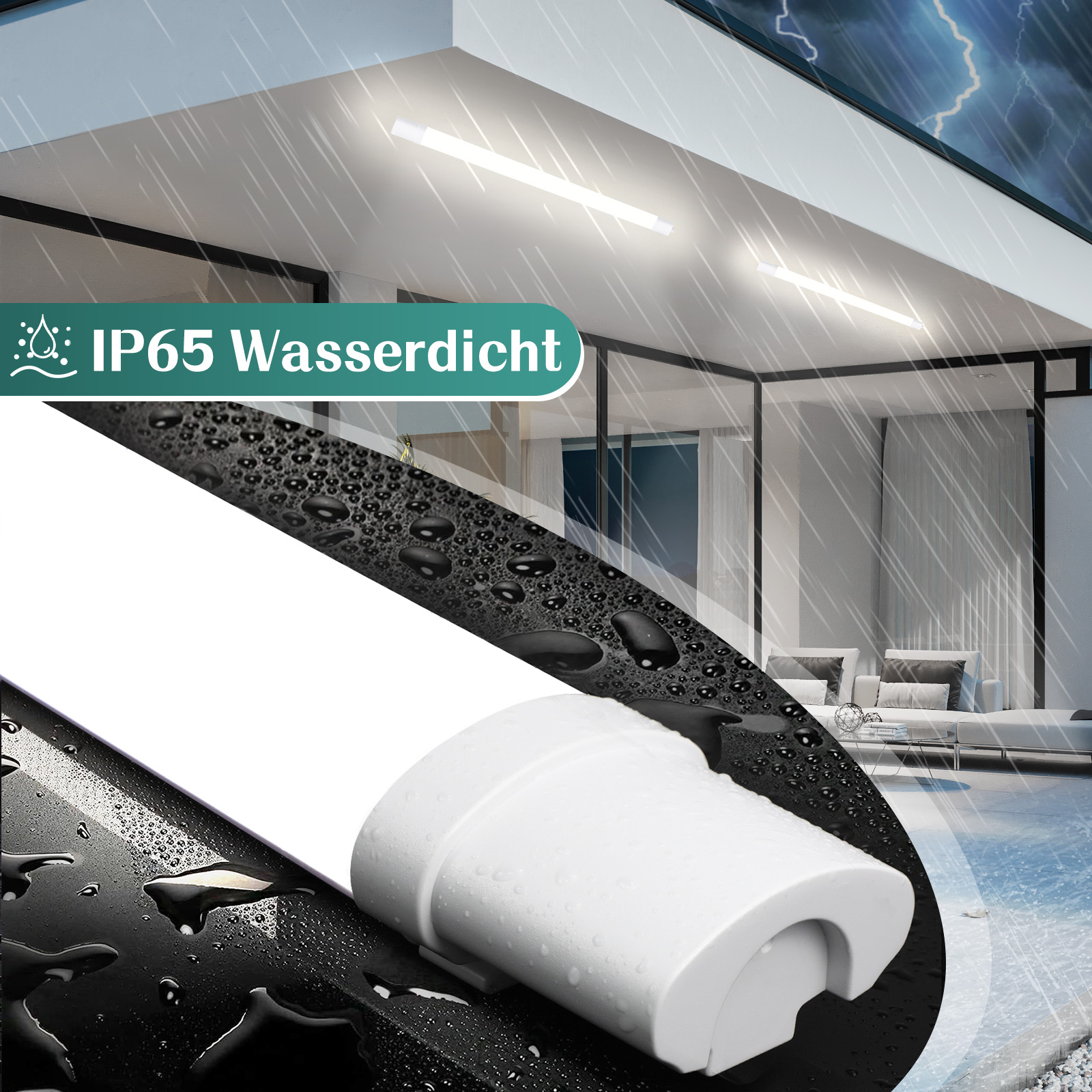 Biała oprawa oświetleniowa z białym elementem na tle deszczu i nowoczesnego domu.