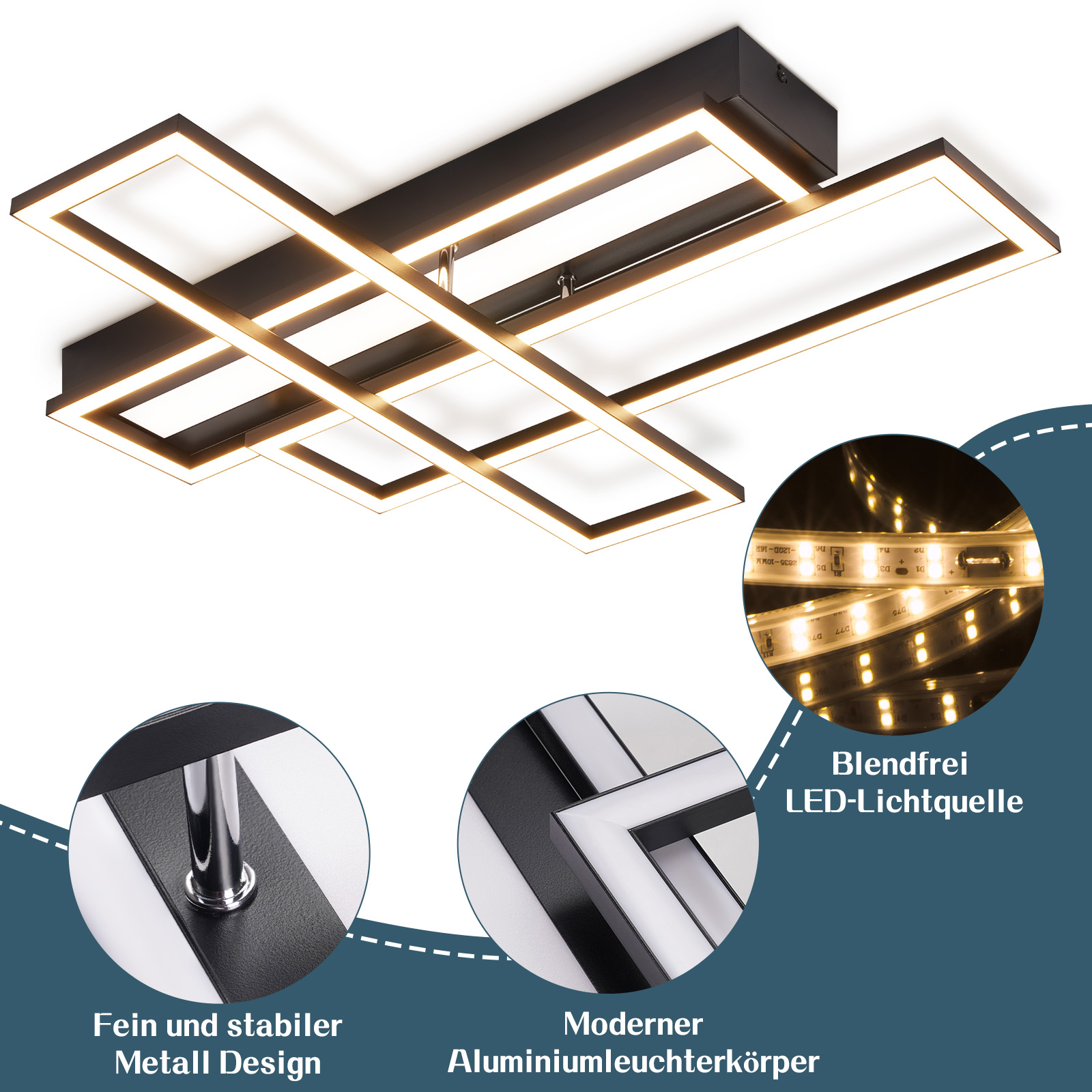 Nowoczesna lampa sufitowa z przecinającymi się prostokątnymi ramami, oświetlona jasnym białym światłem. Detale pokazują paski LED i metalowy design.