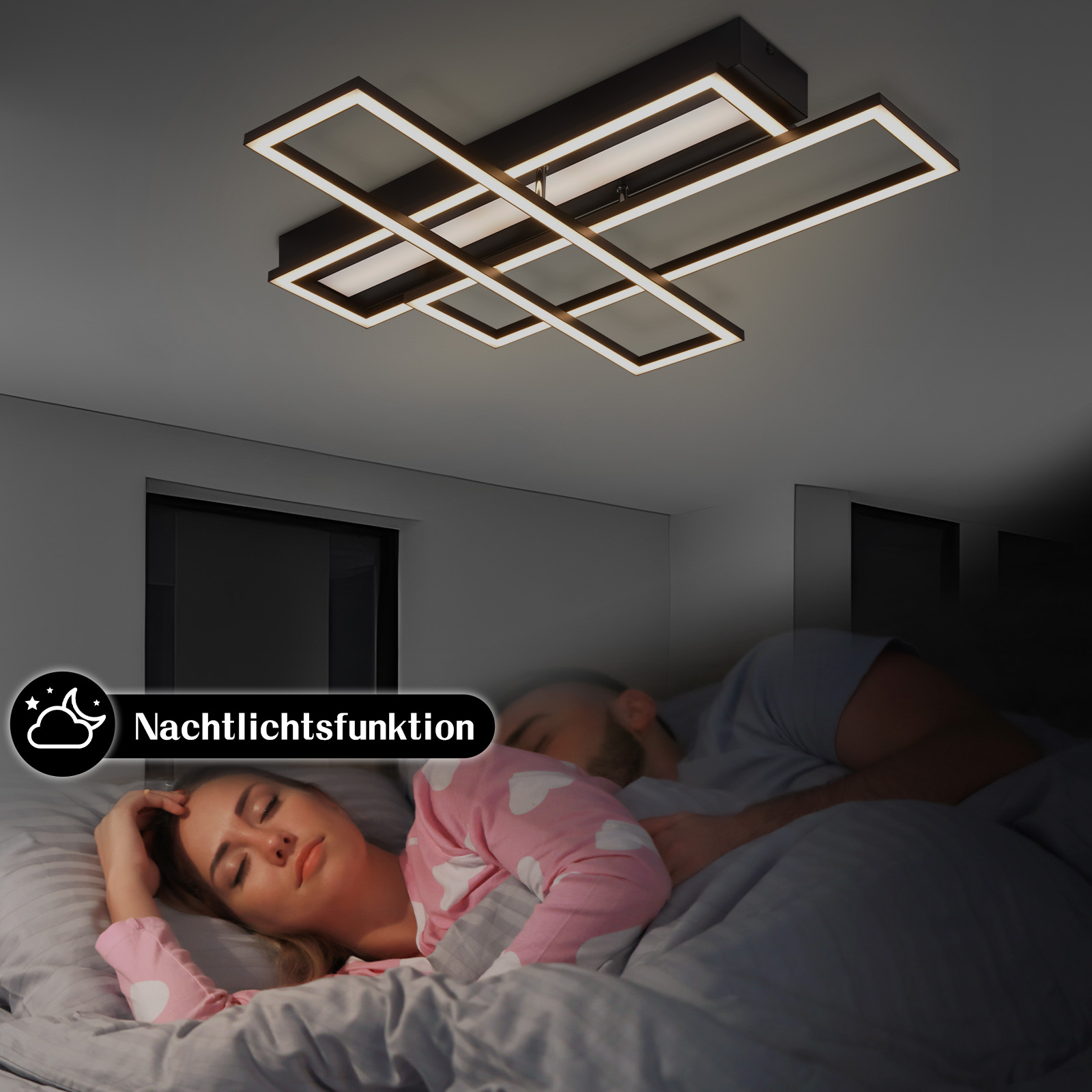 Scena sypialni ze śpiącą parą pod lampą sufitową. Światło ma geometryczny wzór. Pokój ma funkcję światła nocnego.
