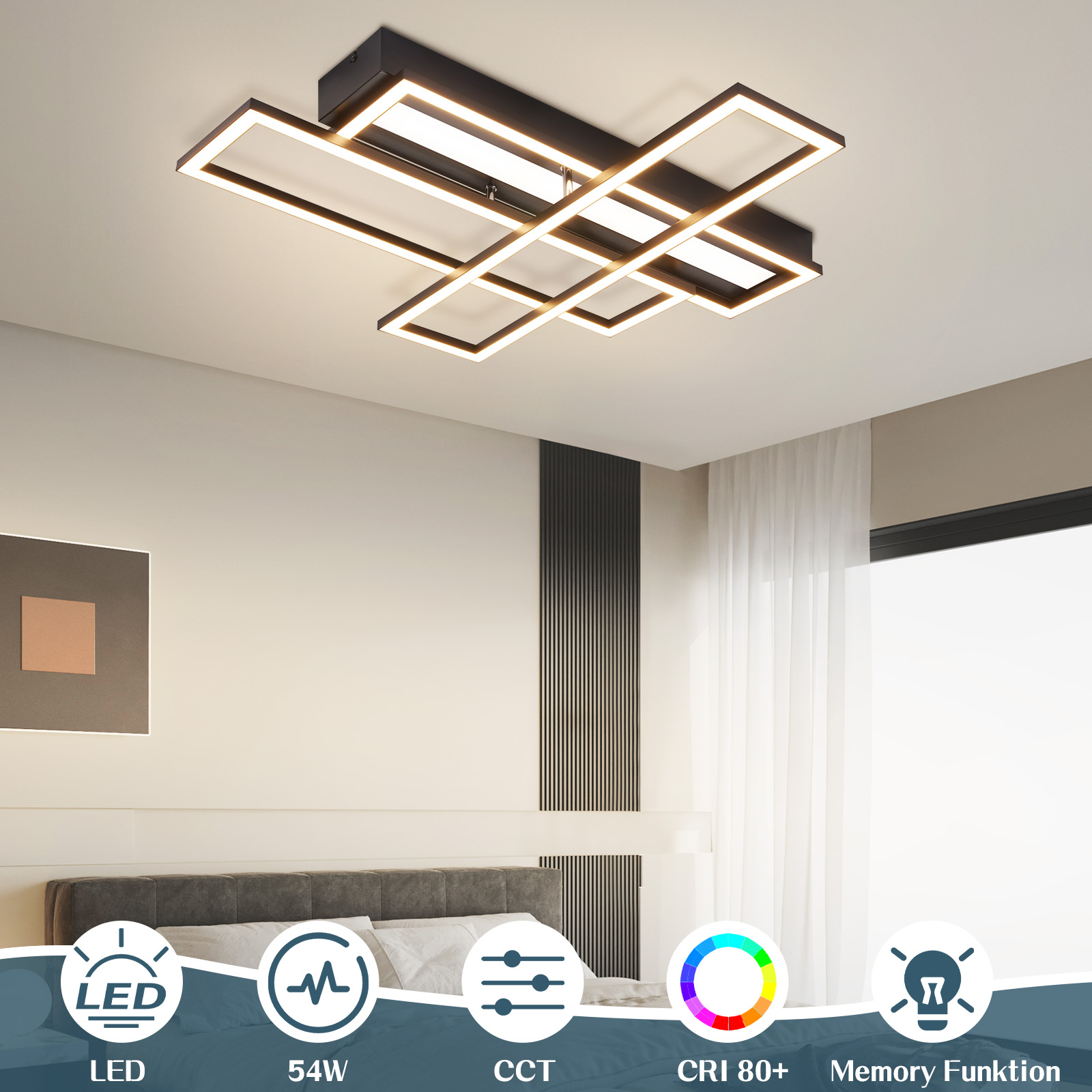Nowoczesna lampa sufitowa z czarną ramą. Poniżej ikony LED, 54W, CCT, CRI 80+ i Memory Funktion.