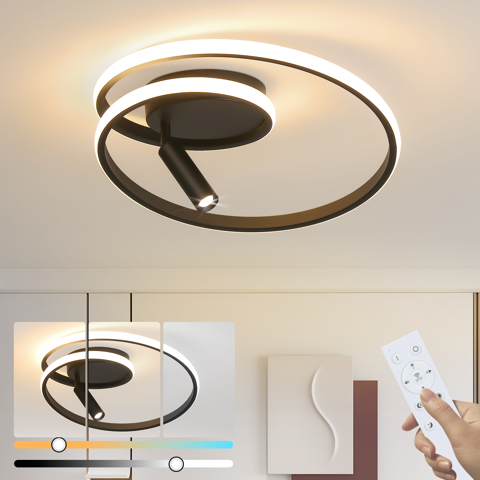 Nowoczesna lampa sufitowa ze spiralą. Ręka trzyma pilota. Widoczne ustawienia koloru i jasności.