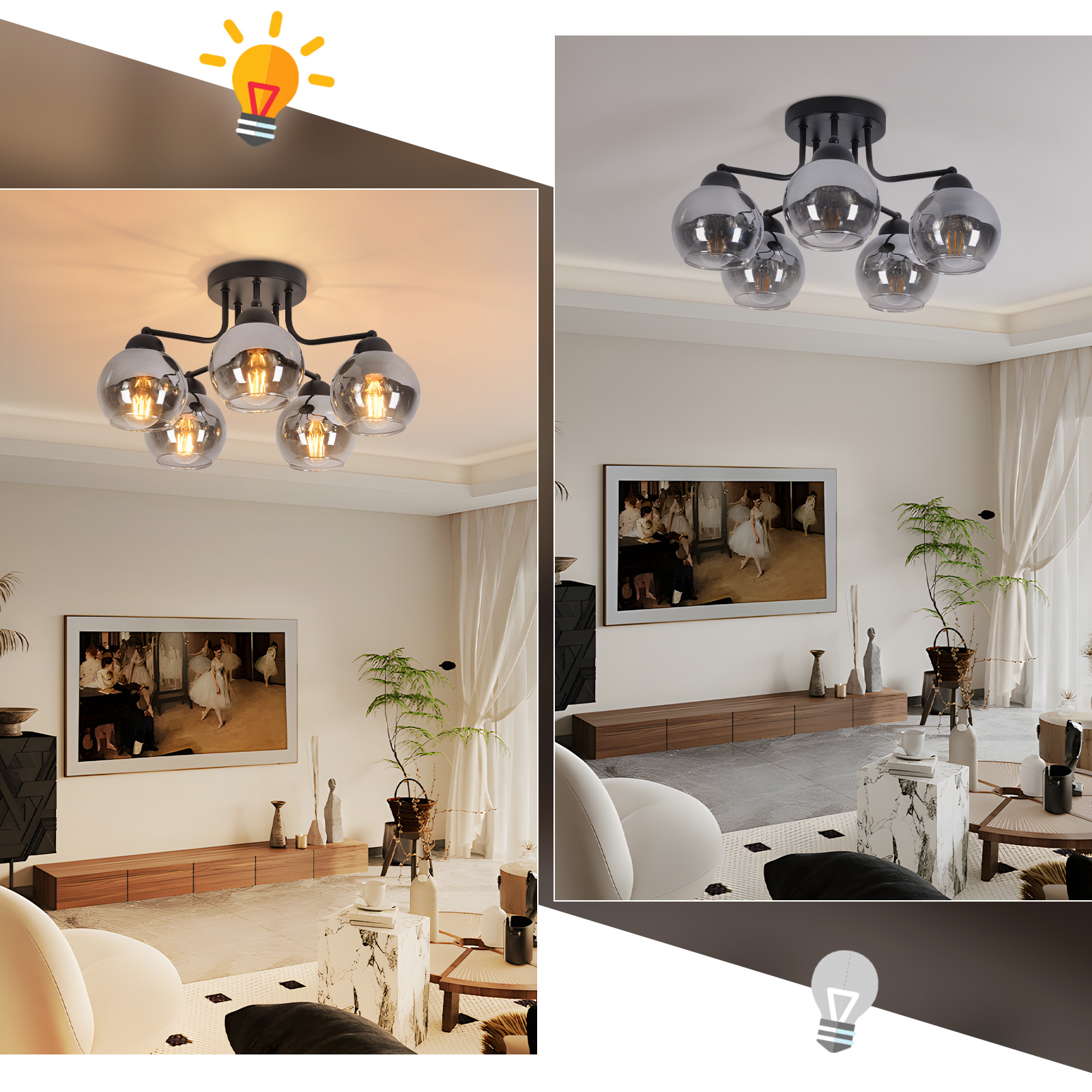 Ein modernes Wohnzimmer mit Deckenleuchte. Ein großer Fernseher zeigt ein Gemälde. Weißes Sofa und Marmortisch im Bild.