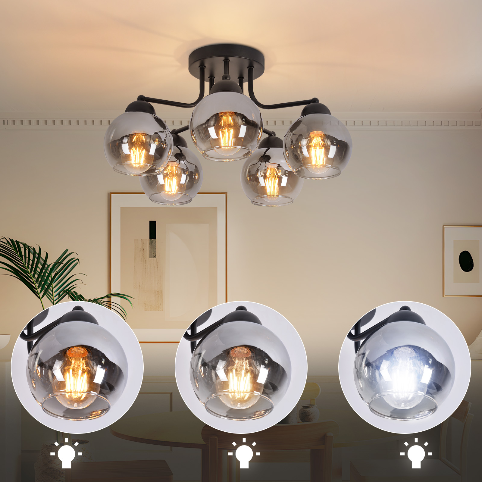 Eine schwarze Deckenlampe mit sechs Glasschirmen, die jeweils eine Glühbirne enthalten. Der Hintergrund zeigt einen Raum mit Kunst und Pflanzen.
