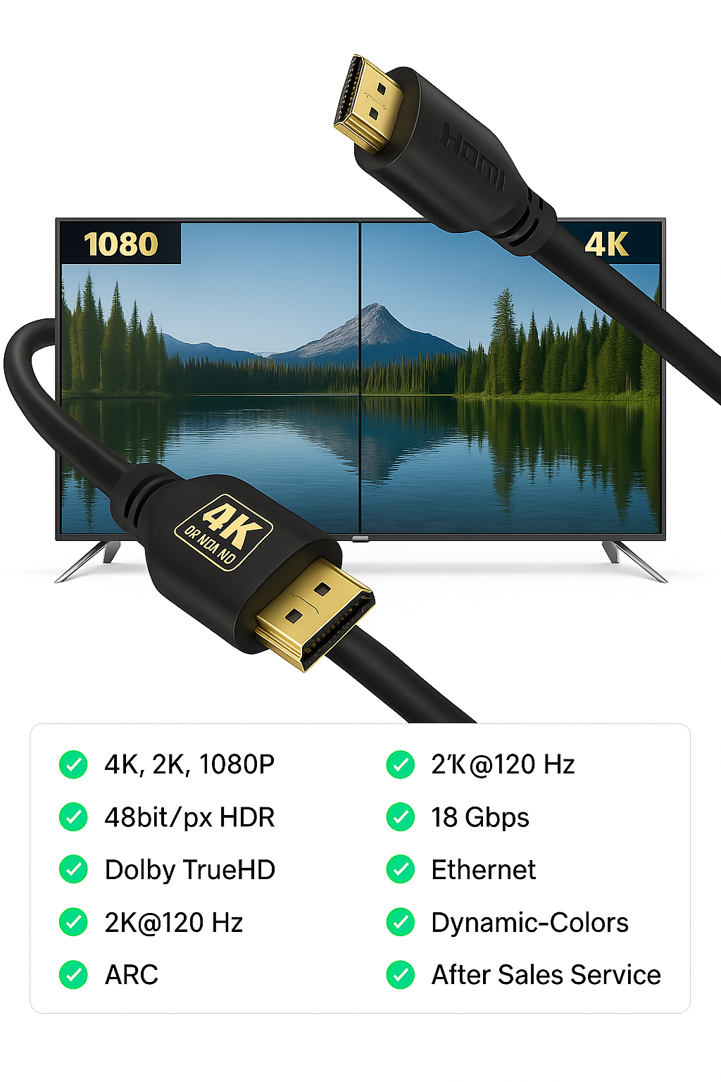 Ein HDMI-Kabel zeigt eine Landschaftsszene auf einem Fernseher. Zu den Merkmalen gehören 4K, 2K, 1080P, HDR und andere.