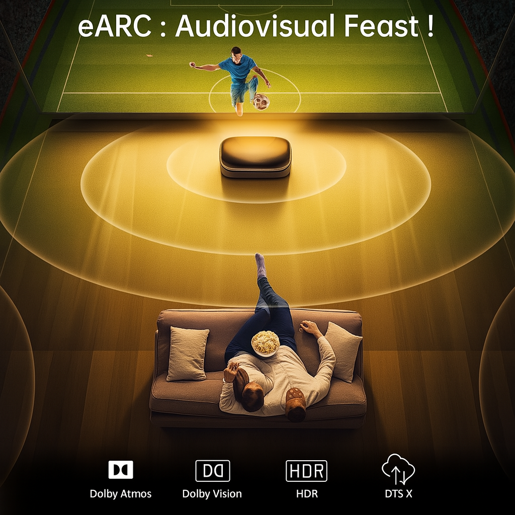 Eine Person schaut ein Fußballspiel im Fernsehen. Unten entspannen sich zwei Personen auf einem Sofa. Das Bild wirbt für audiovisuelle Funktionen.