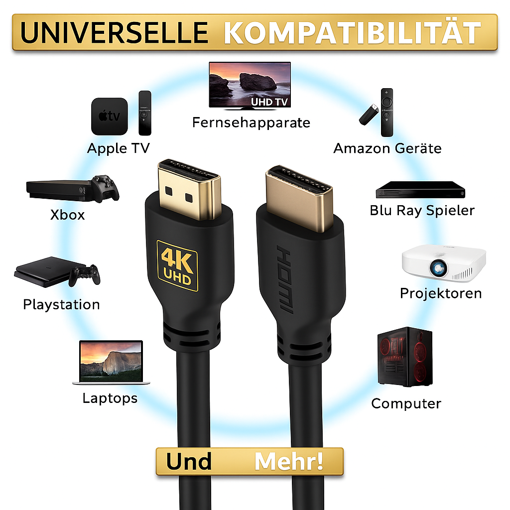 Bild zeigt ein HDMI-Kabel mit verschiedenen kompatiblen Geräten: Fernseher, Apple TV, Xbox, Playstation, Laptops, Amazon-Geräte, Blu-ray-Player, Projektor und Computer.